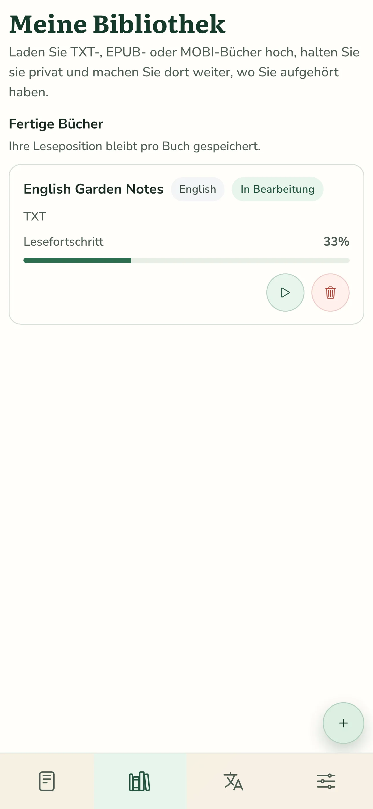 Mobile Bibliothek von TortoLingua mit einem importierten Buch und gespeichertem Lesefortschritt in der deutschsprachigen Benutzeroberfläche