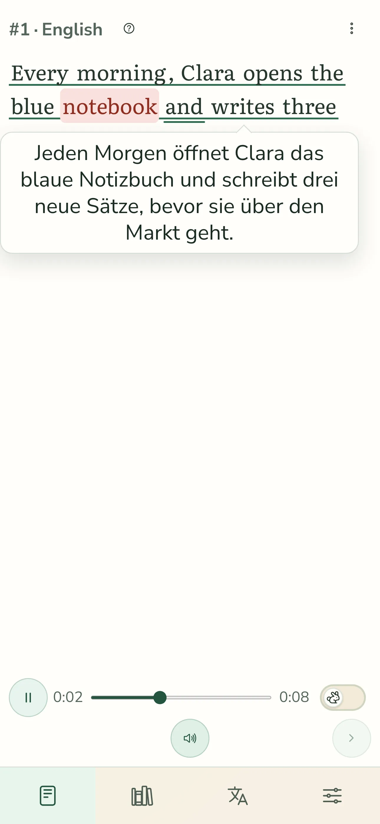 Mobile TortoLingua-Leseansicht mit deutscher Oberfläche, Satzhilfe und Audiosteuerung