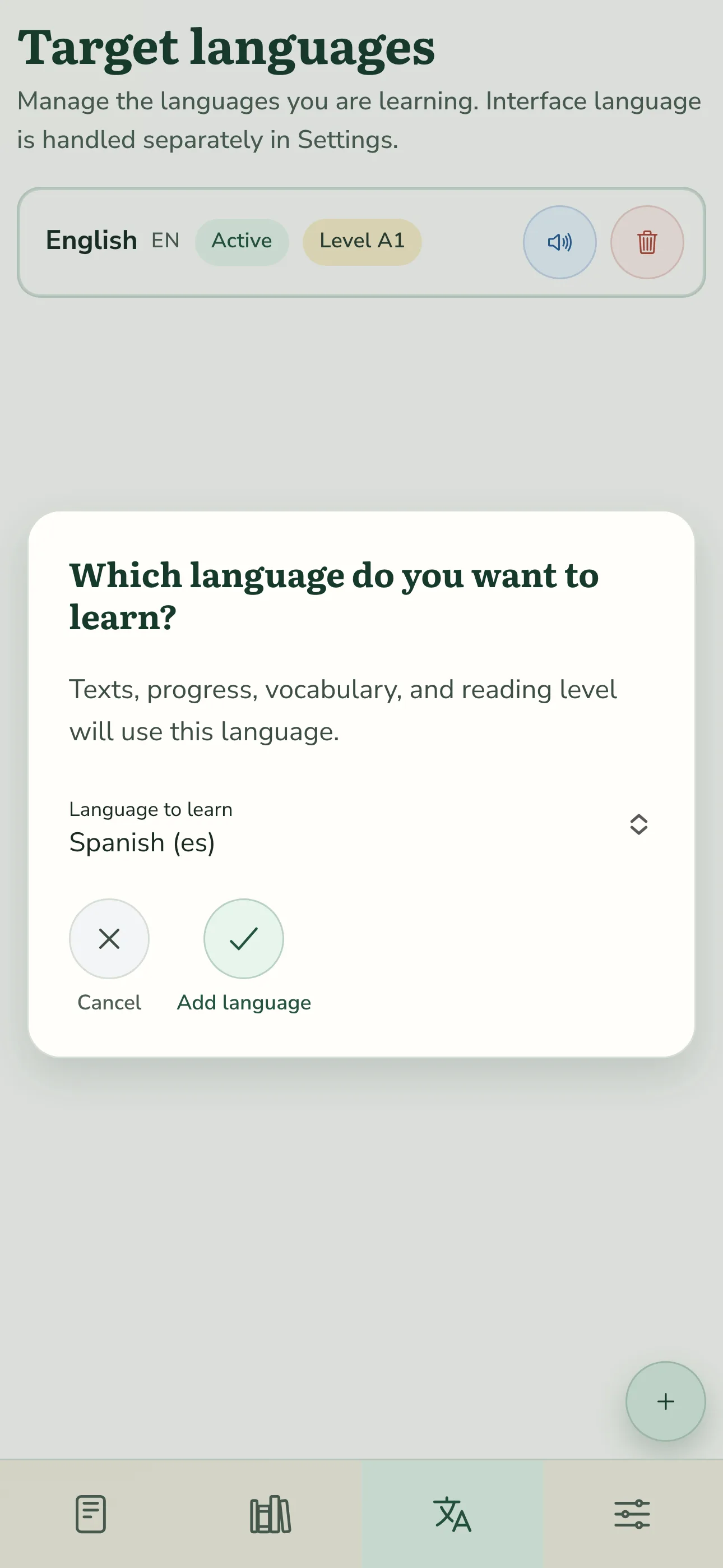TortoLingua mobile target-language selection screen in English