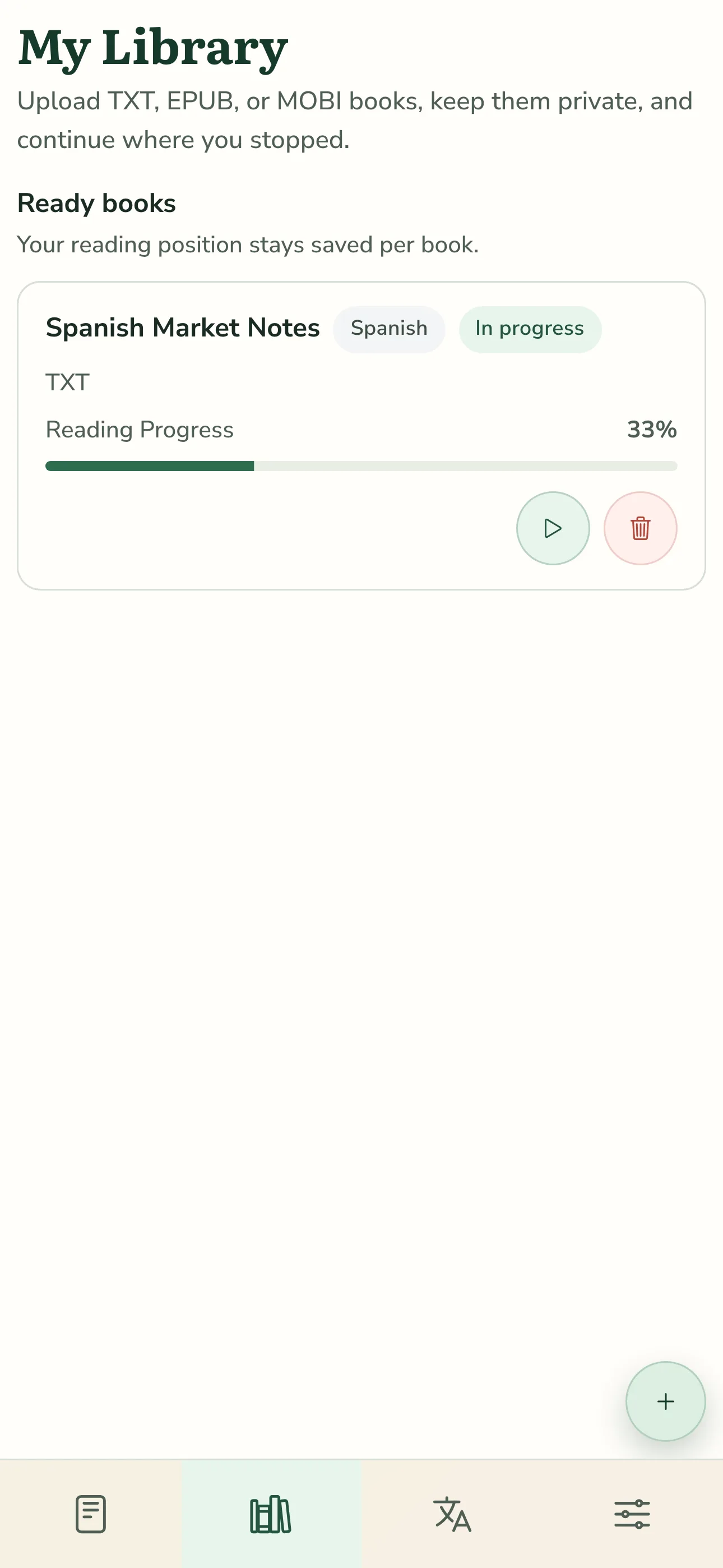 TortoLingua mobile library in English UI showing an uploaded book with reading progress