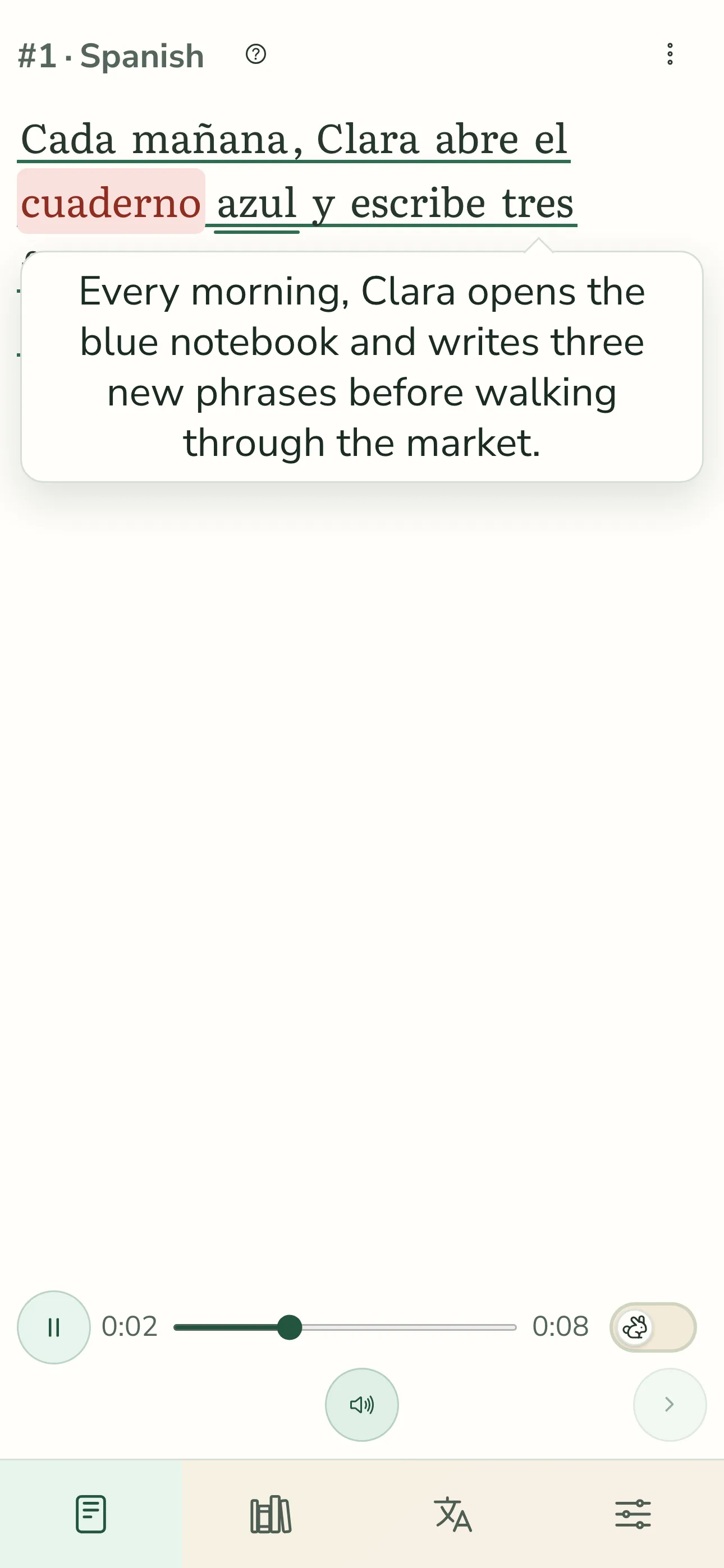 TortoLingua mobile reader in English UI showing Spanish sentence support and audio controls