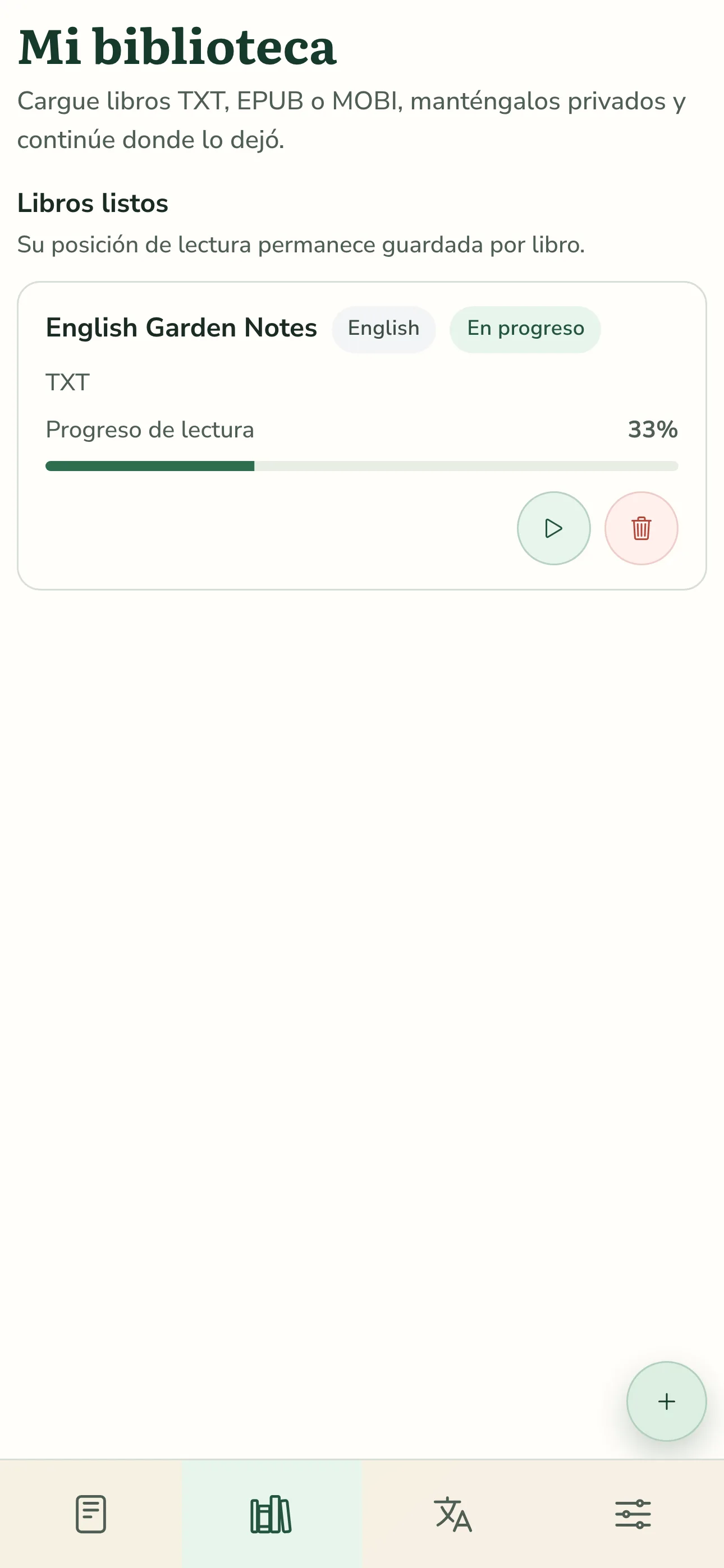 Biblioteca móvil de TortoLingua con interfaz en español mostrando un libro subido con progreso de lectura