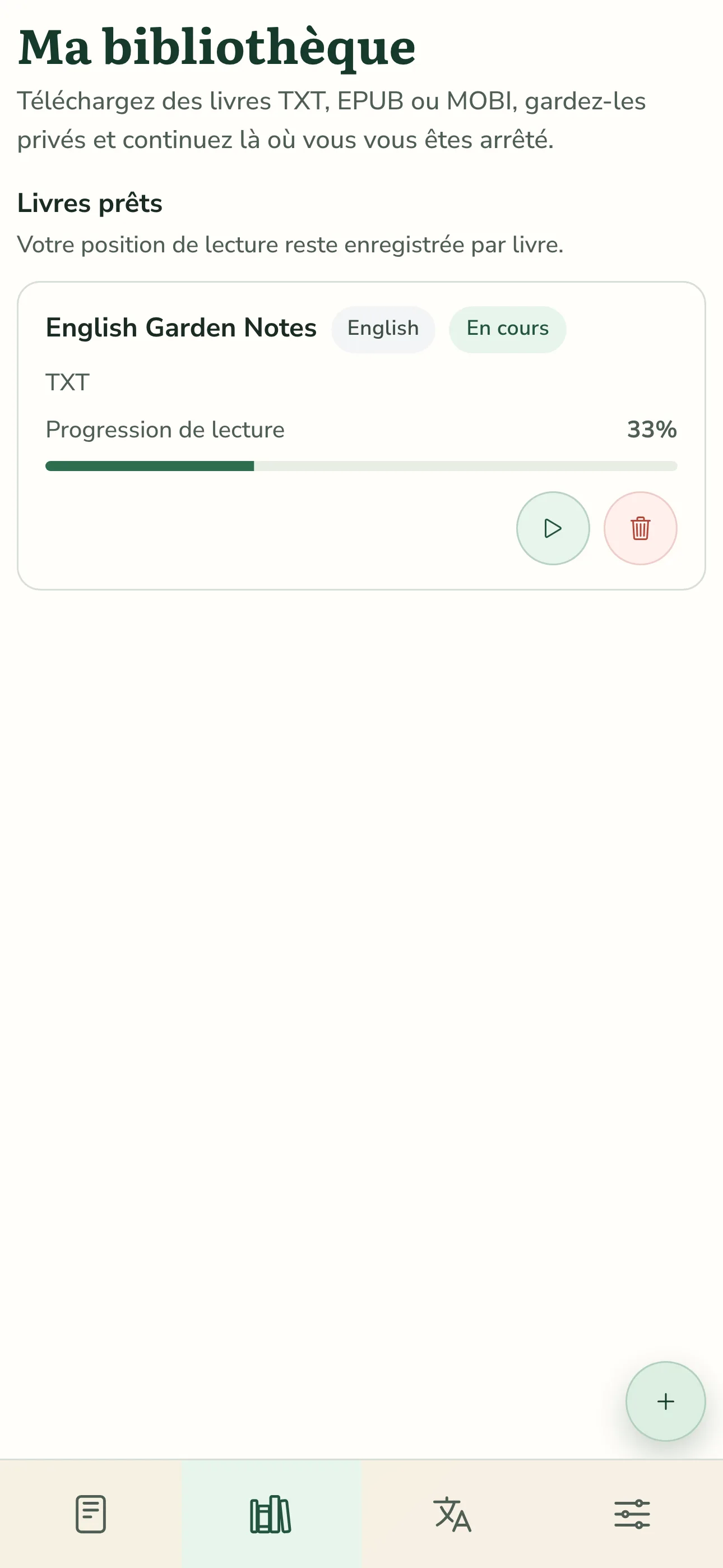Bibliothèque mobile TortoLingua avec interface en français affichant un livre importé avec progression de lecture