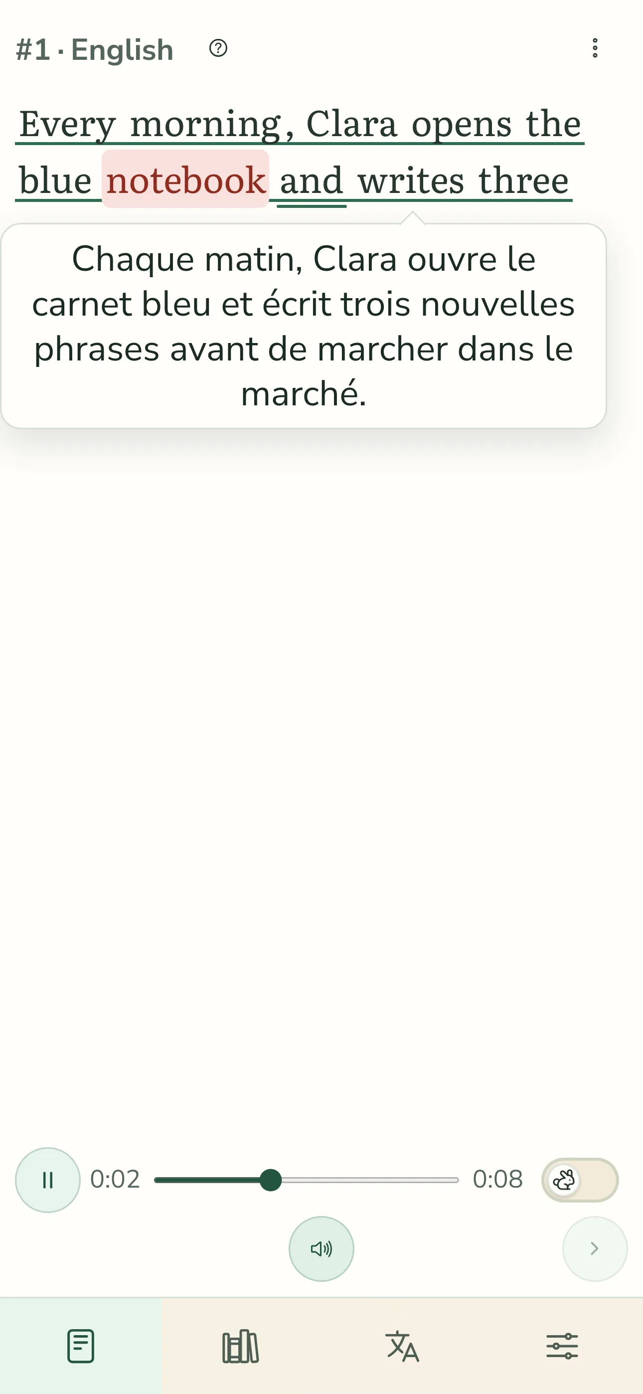 Lecteur mobile TortoLingua en français avec aide de phrase et contrôles audio