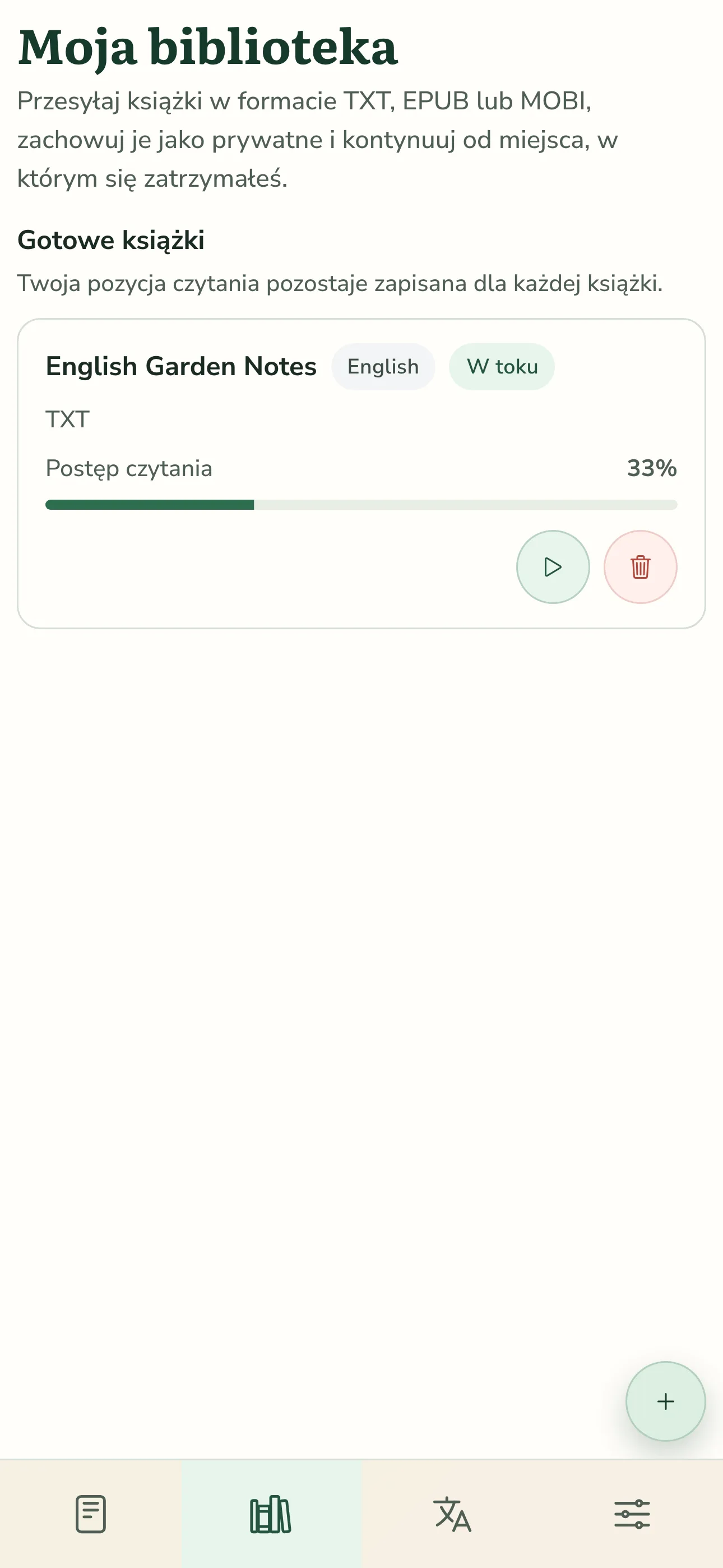 Mobilna biblioteka TortoLingua z interfejsem po polsku pokazująca wgraną książkę z postępem czytania