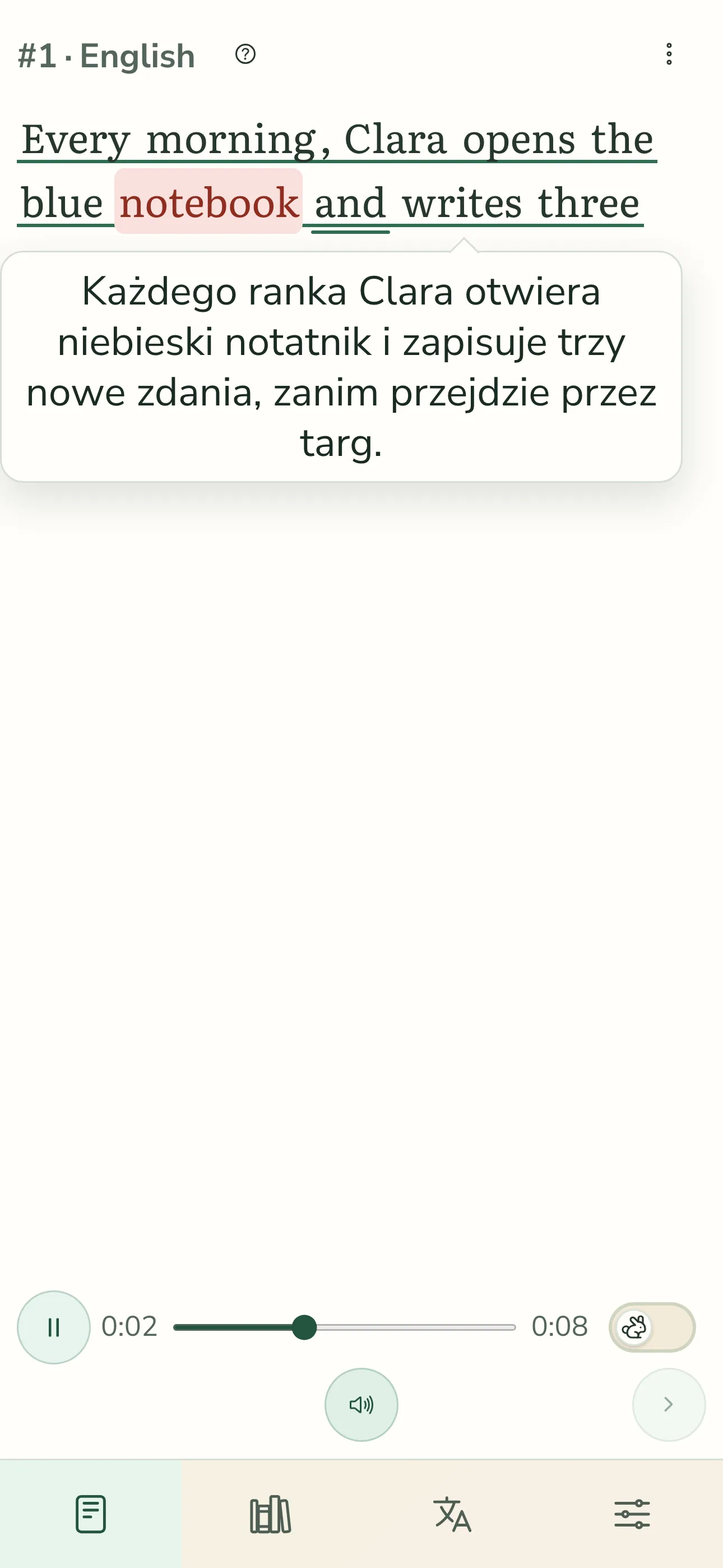Mobilny reader TortoLingua po polsku ze wsparciem zdania i kontrolkami audio