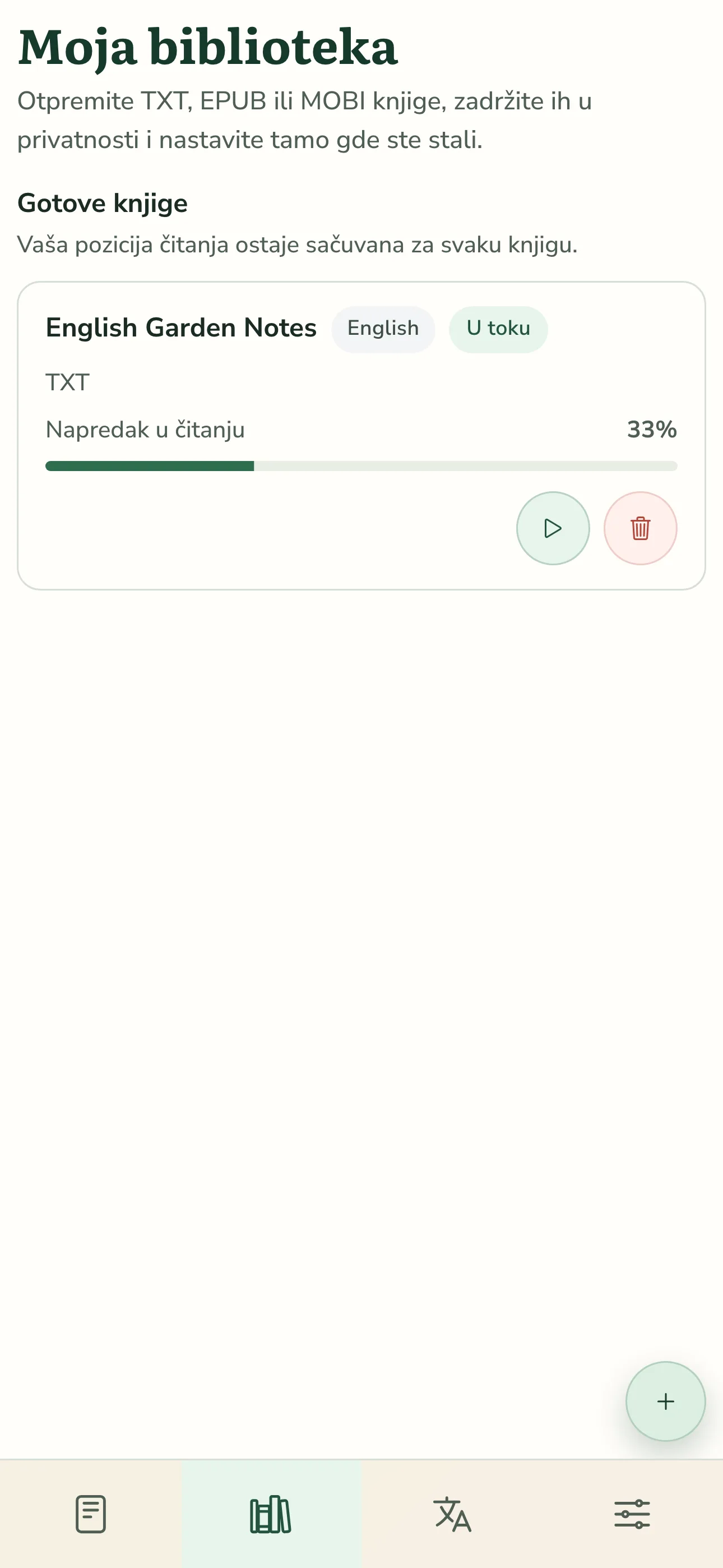 TortoLingua mobilna biblioteka u srpskom interfejsu koja prikazuje otpremljenu knjigu sa napretkom čitanja
