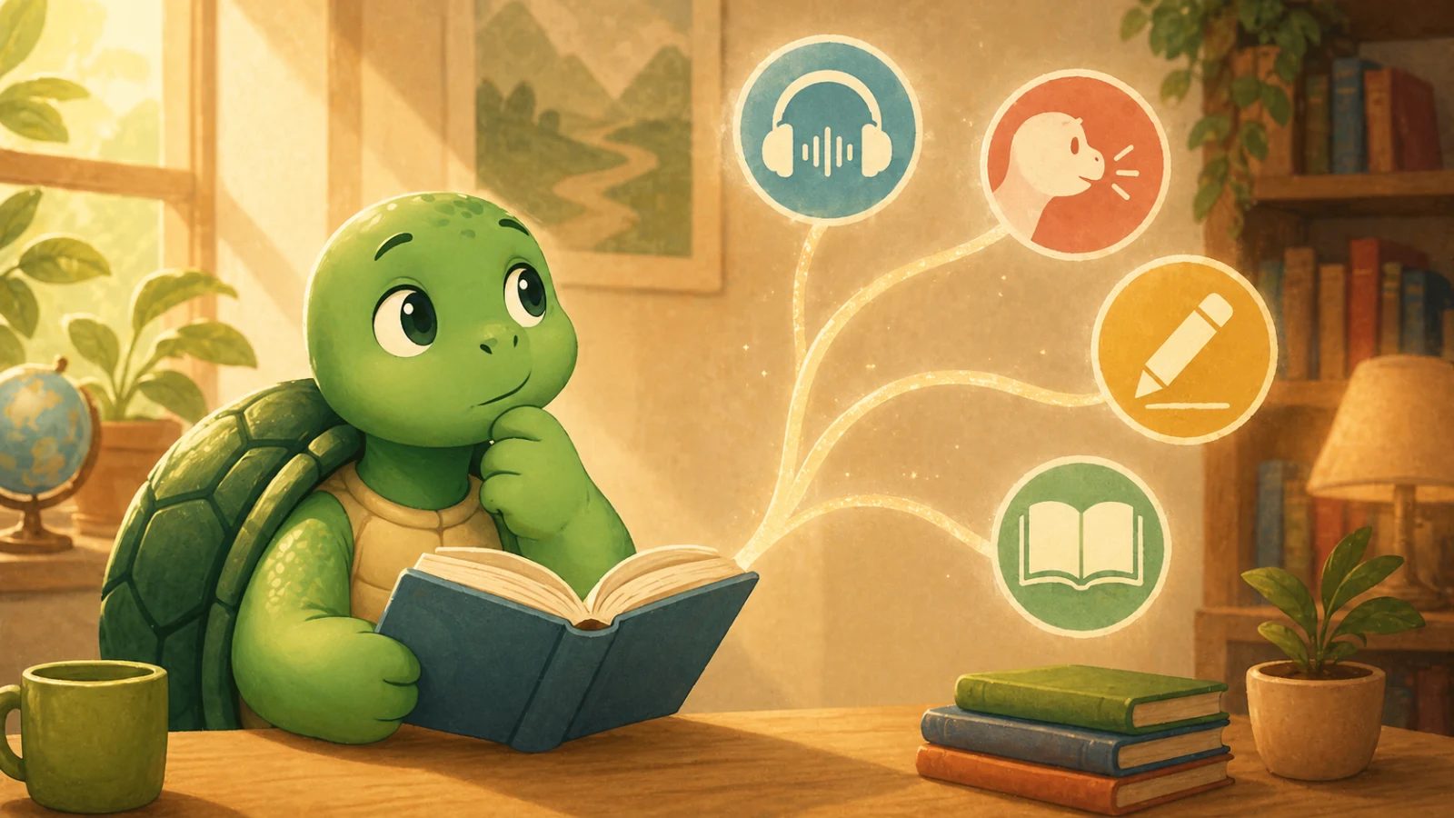 TortoLingua turtle reading while listening, speaking, writing, and reading icons surround the book