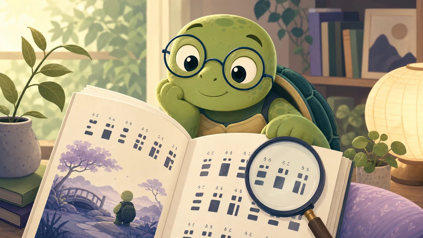 TortoLingua turtle reading Japanese with furigana support and a magnifying glass