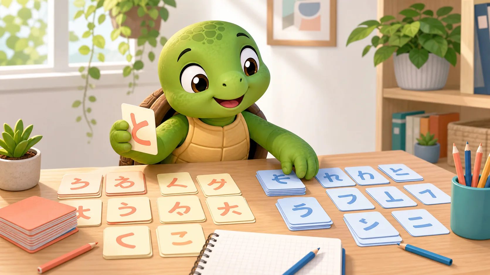 TortoLingua turtle sorting hiragana and katakana cards for beginner Japanese reading practice