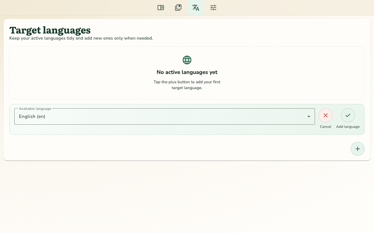 TortoLingua language setup screen with supported-language rows