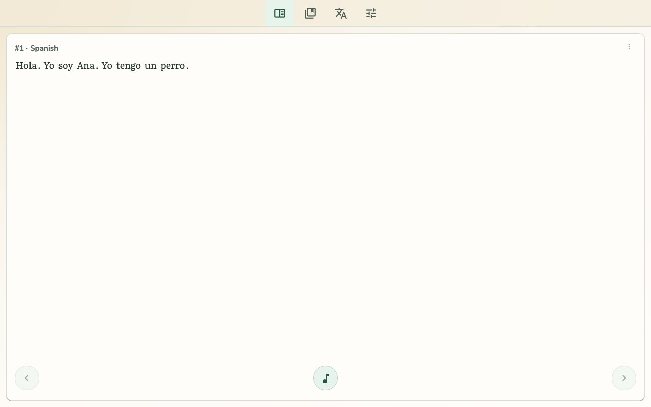 TortoLingua reader screen with a sample reading text
