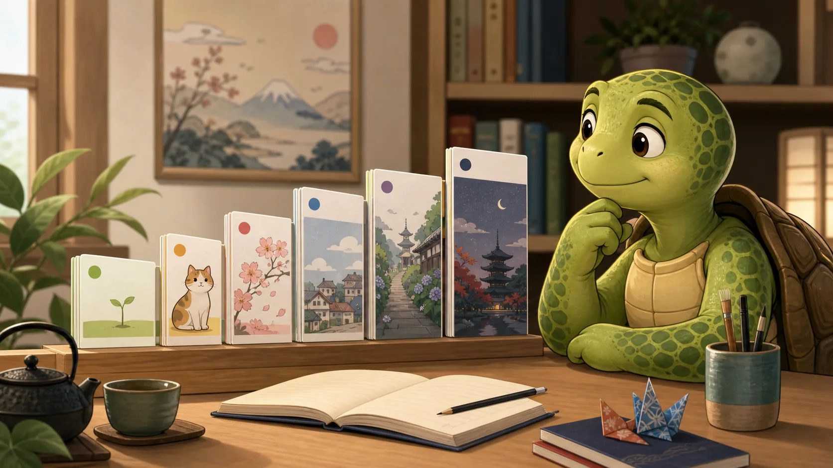 TortoLingua turtle comparing Japanese graded readers and levelled reading cards
