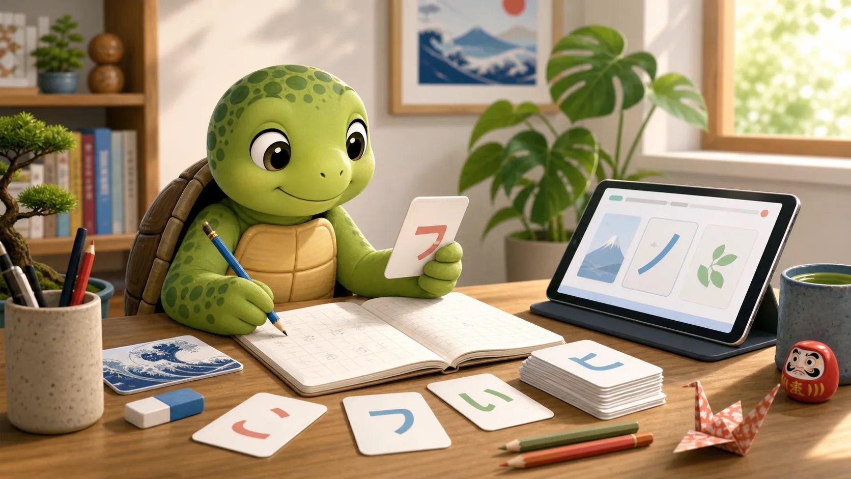 TortoLingua turtle doing beginner Japanese reading practice with kana cards, short texts, and a tablet