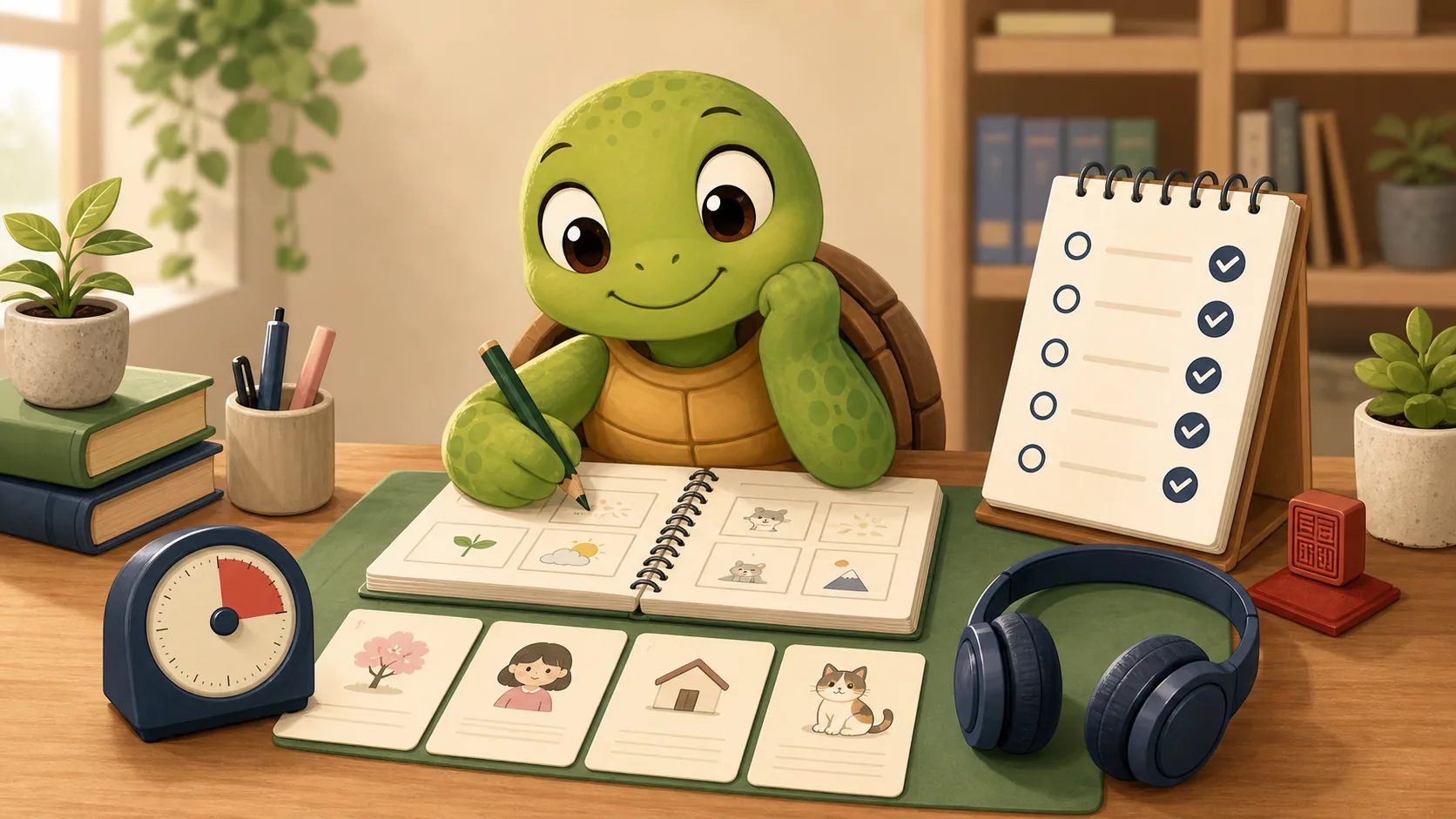 TortoLingua turtle planning JLPT N5 Japanese reading practice with a checklist, headphones, and short text cards