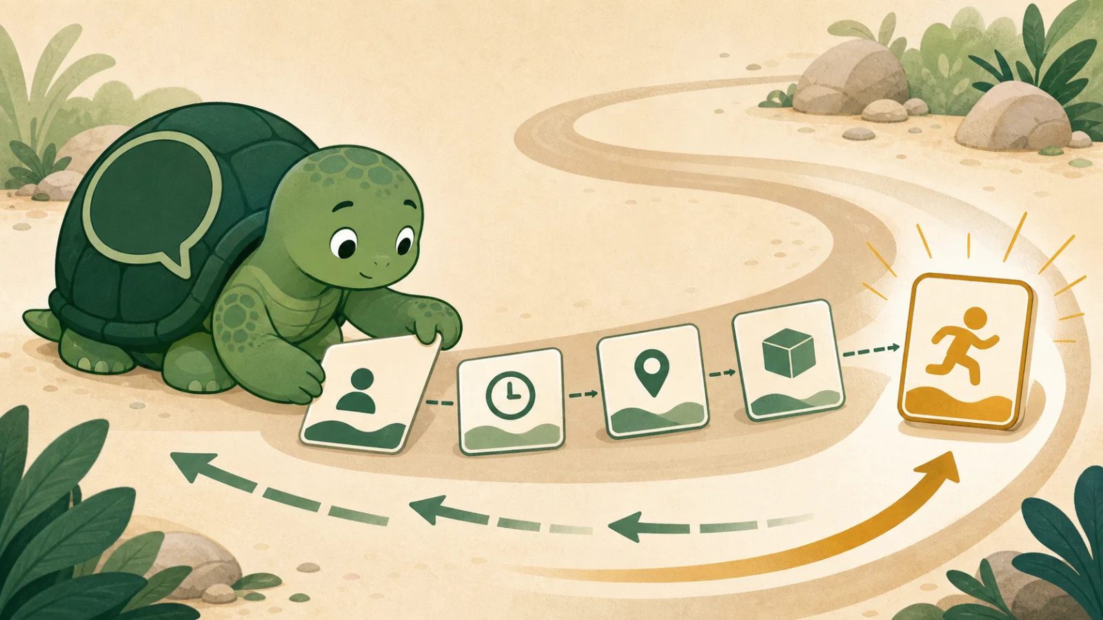 TortoLingua turtle mascot arranging sentence chunks toward a highlighted final predicate card