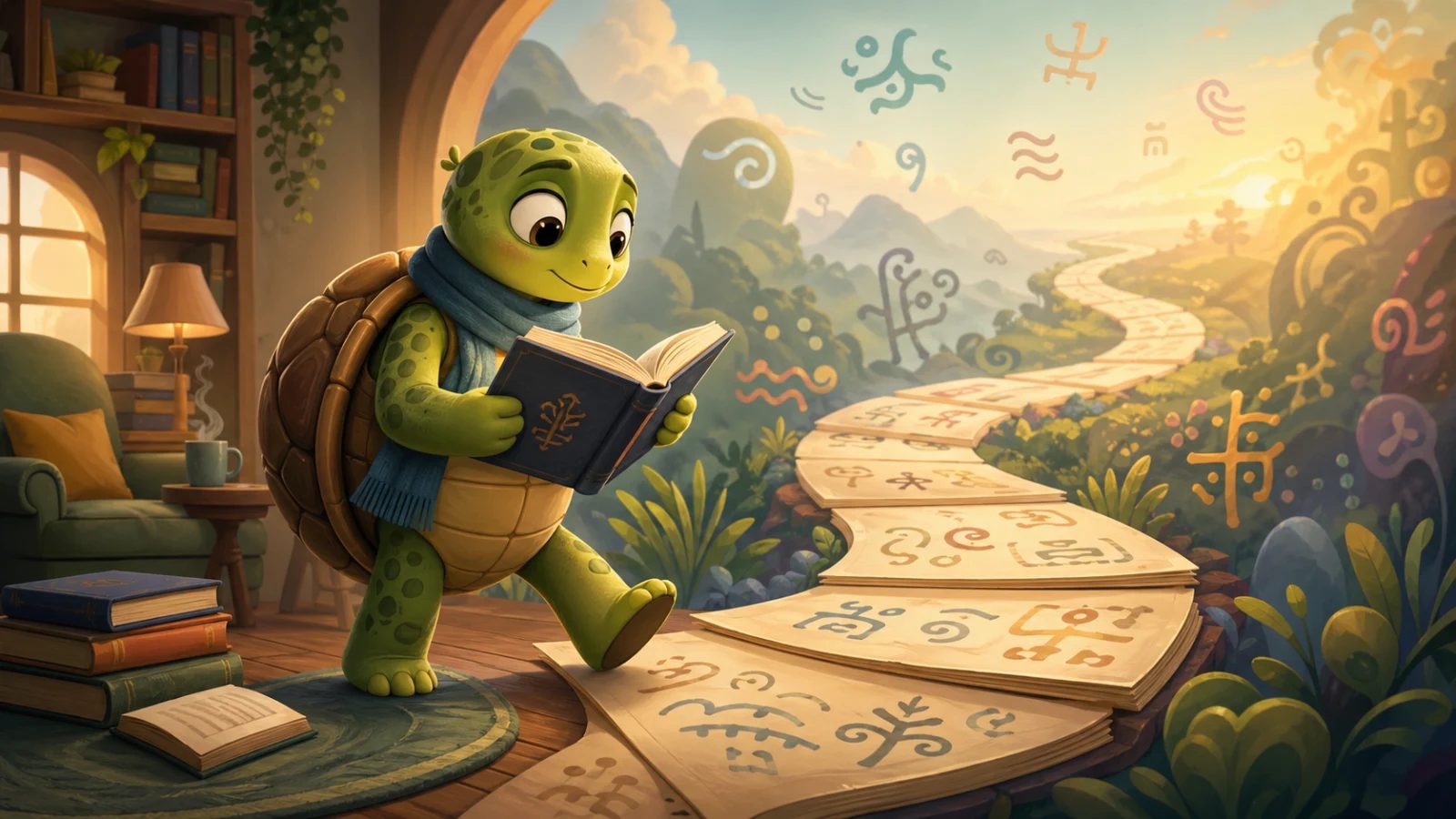TortoLingua turtle follows a path of story pages while learning a language through reading