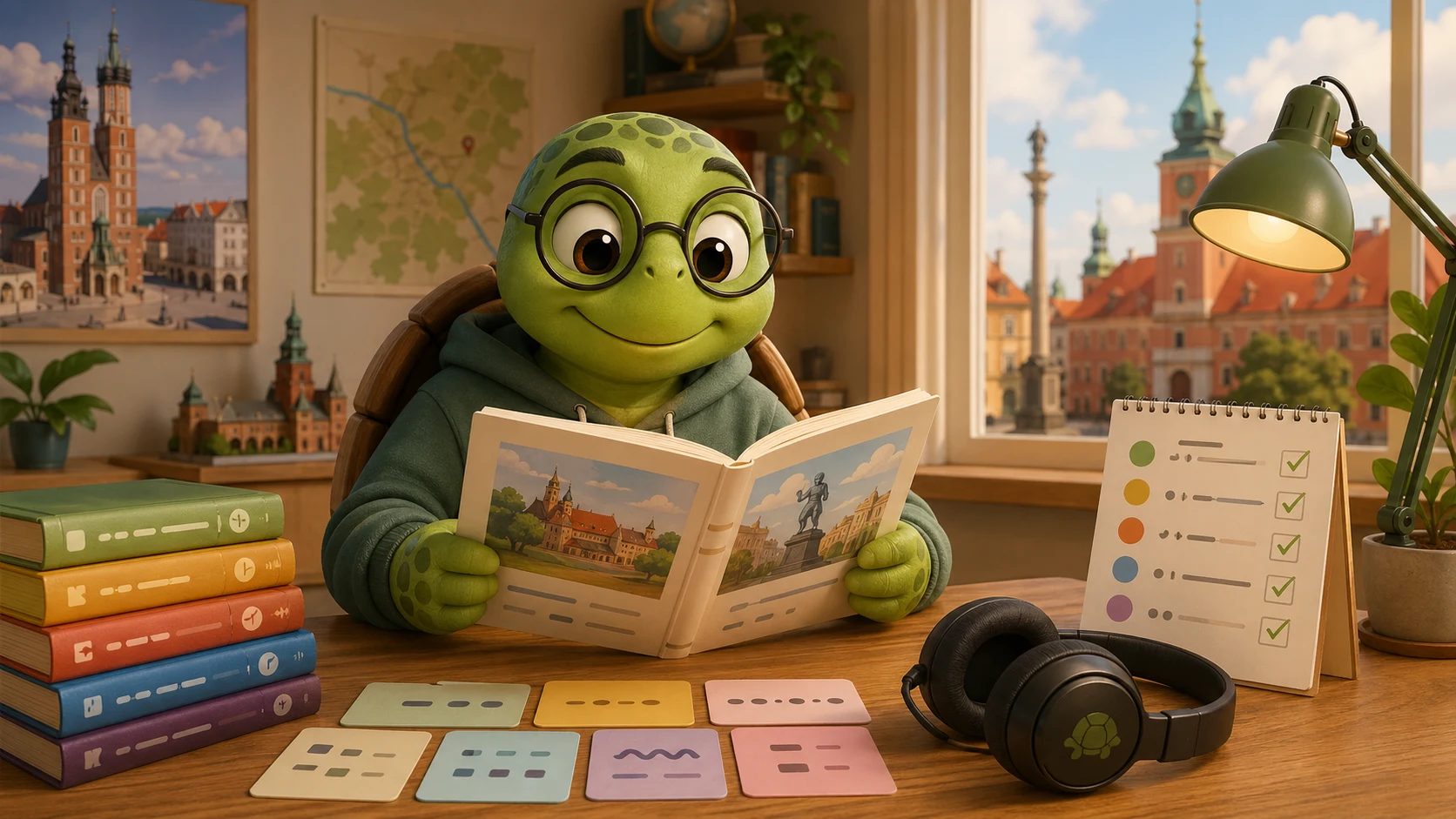 TortoLingua turtle reading Polish beginner texts with audio and a weekly reading plan