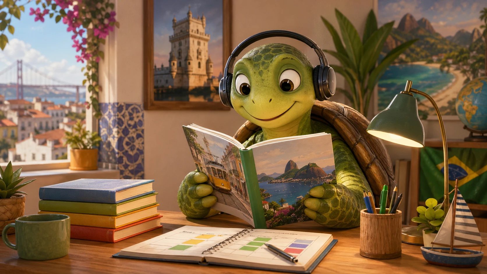 TortoLingua turtle reading Portuguese beginner texts with audio and a weekly reading plan