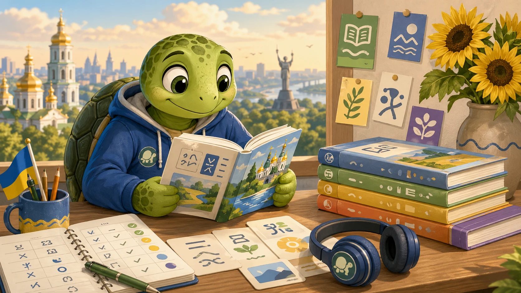 TortoLingua turtle reading Ukrainian beginner texts with audio and a weekly reading plan