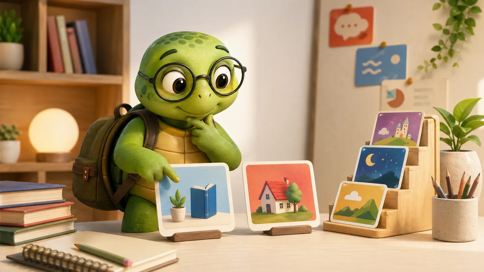 TortoLingua turtle choosing beginner Polish reading cards on a small reading ladder