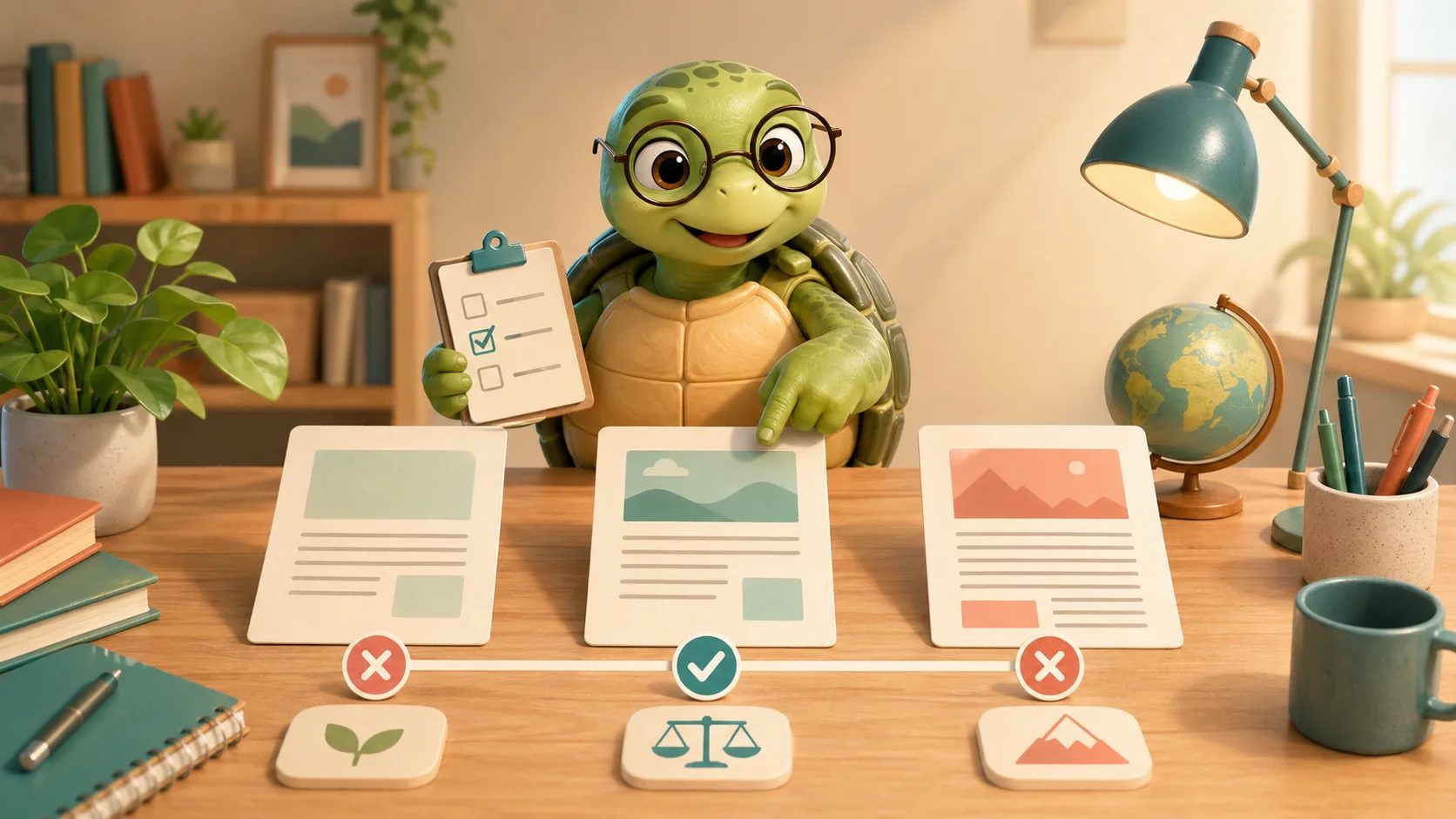 TortoLingua turtle using a checklist to choose the readable middle text level