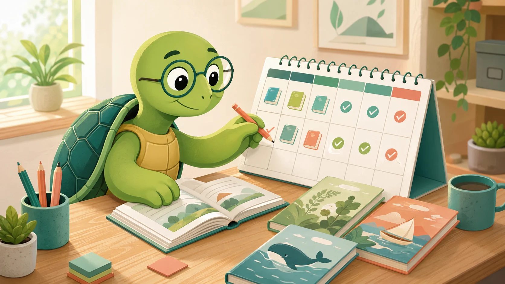 TortoLingua turtle planning a weekly reading schedule with a calendar and level-appropriate texts
