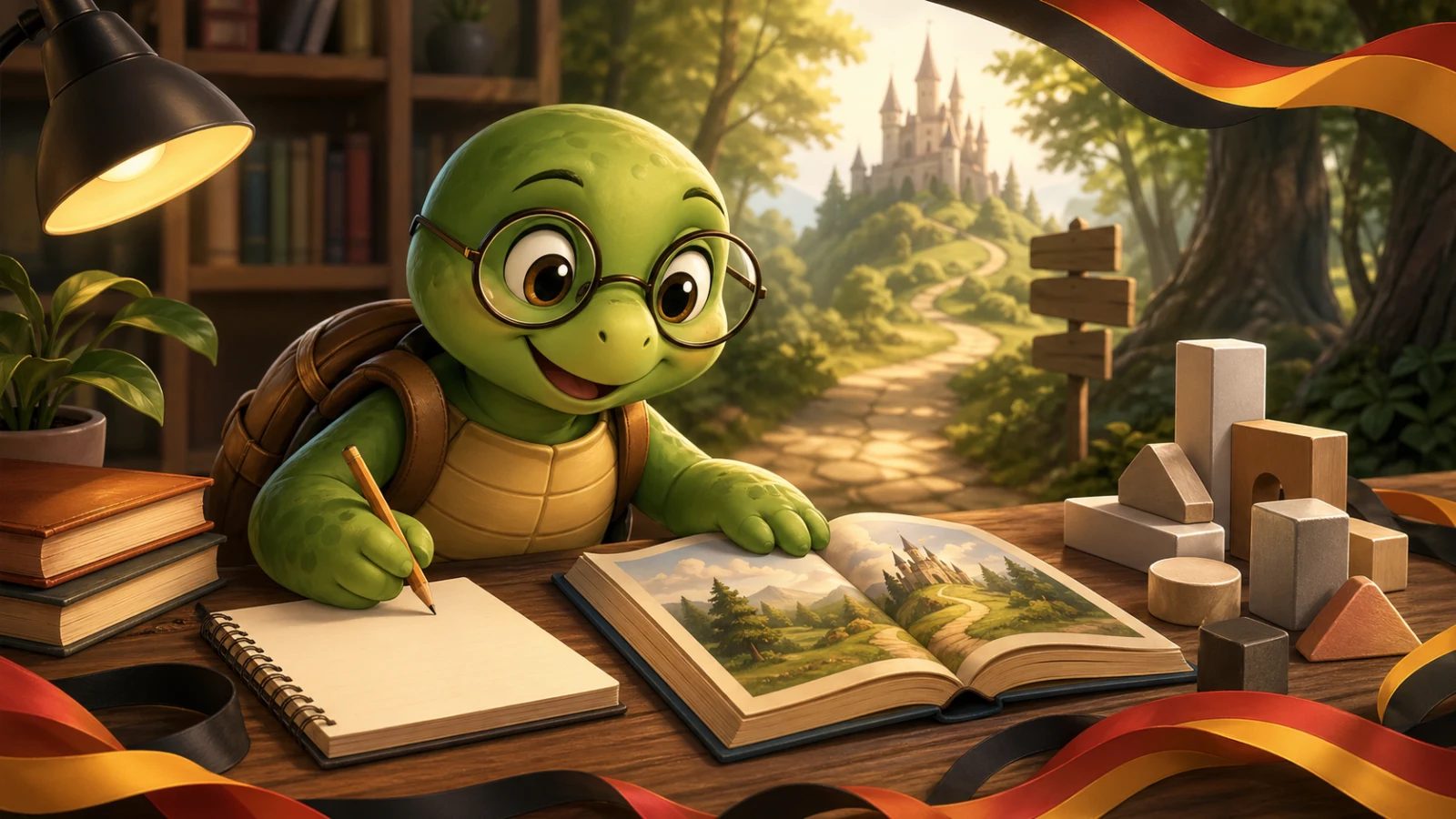 Die TortoLingua-Schildkröte beginnt Deutsch zu lernen mit leerem Notizbuch, Geschichtenbuch und Burgsilhouette