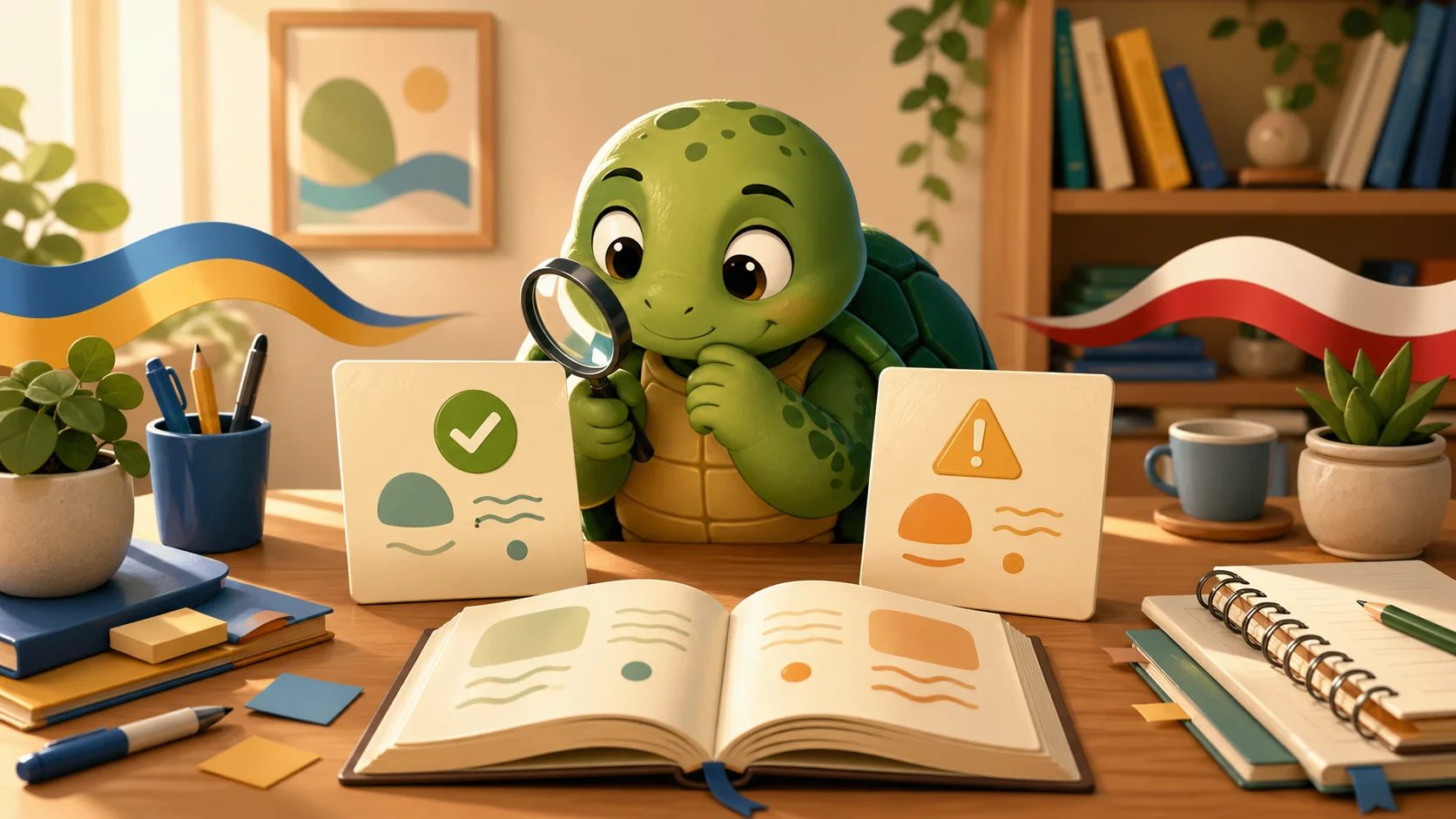 TortoLingua Schildkröte vergleicht Wortschatzkarten mit Haken- und Warnsymbol für einen Leitfaden zu falschen Freunden