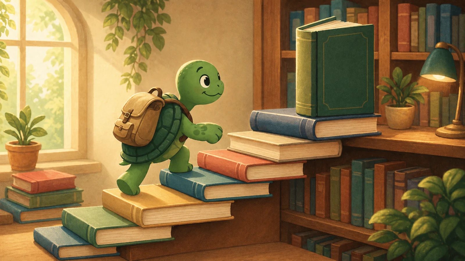 Die TortoLingua-Schildkröte steigt eine Büchertreppe von vereinfachten Lektüren zu Originalbüchern hinauf