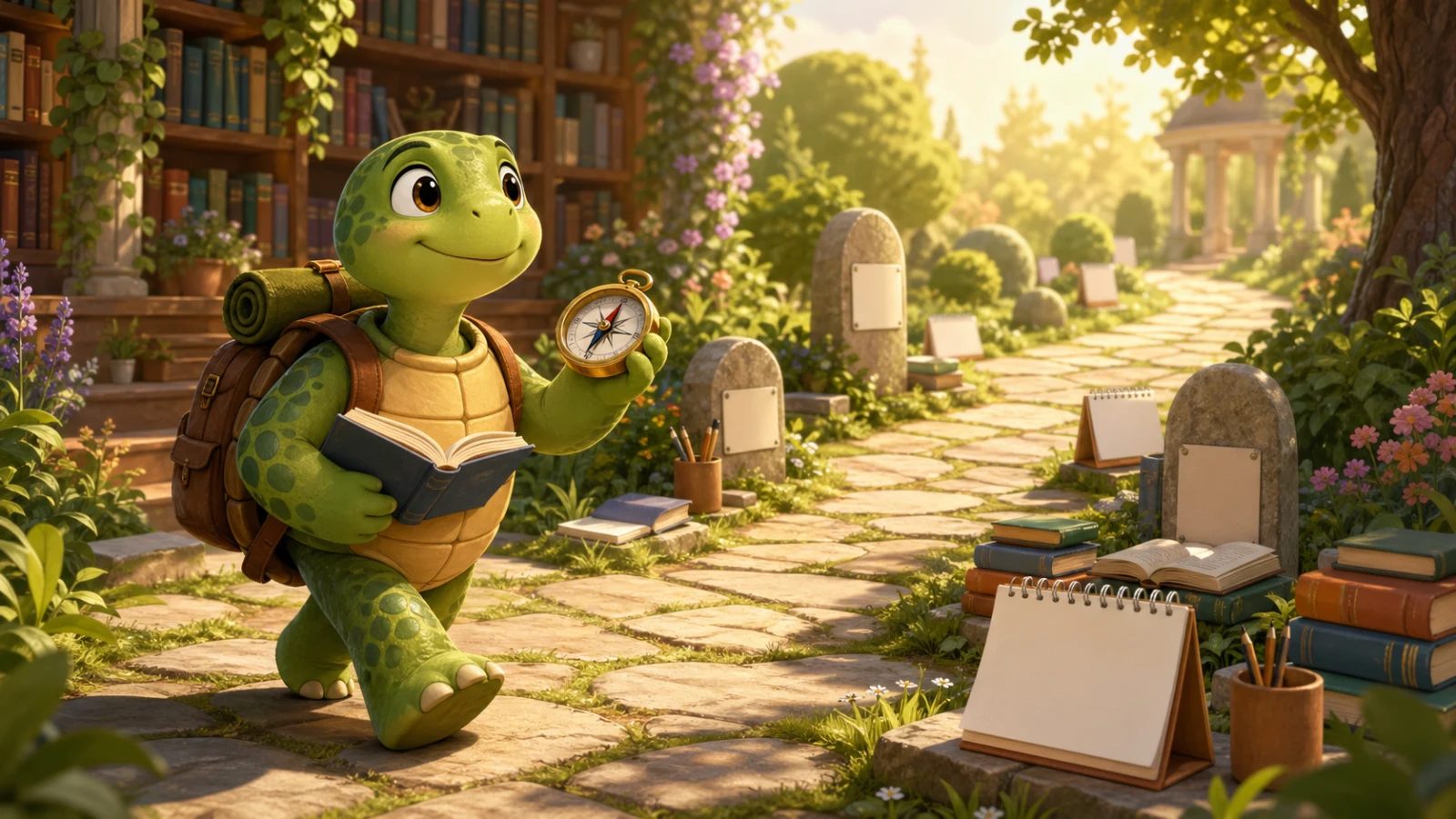 Die TortoLingua-Schildkröte geht einen Lernweg mit BĂŒchern und Meilensteinen entlang