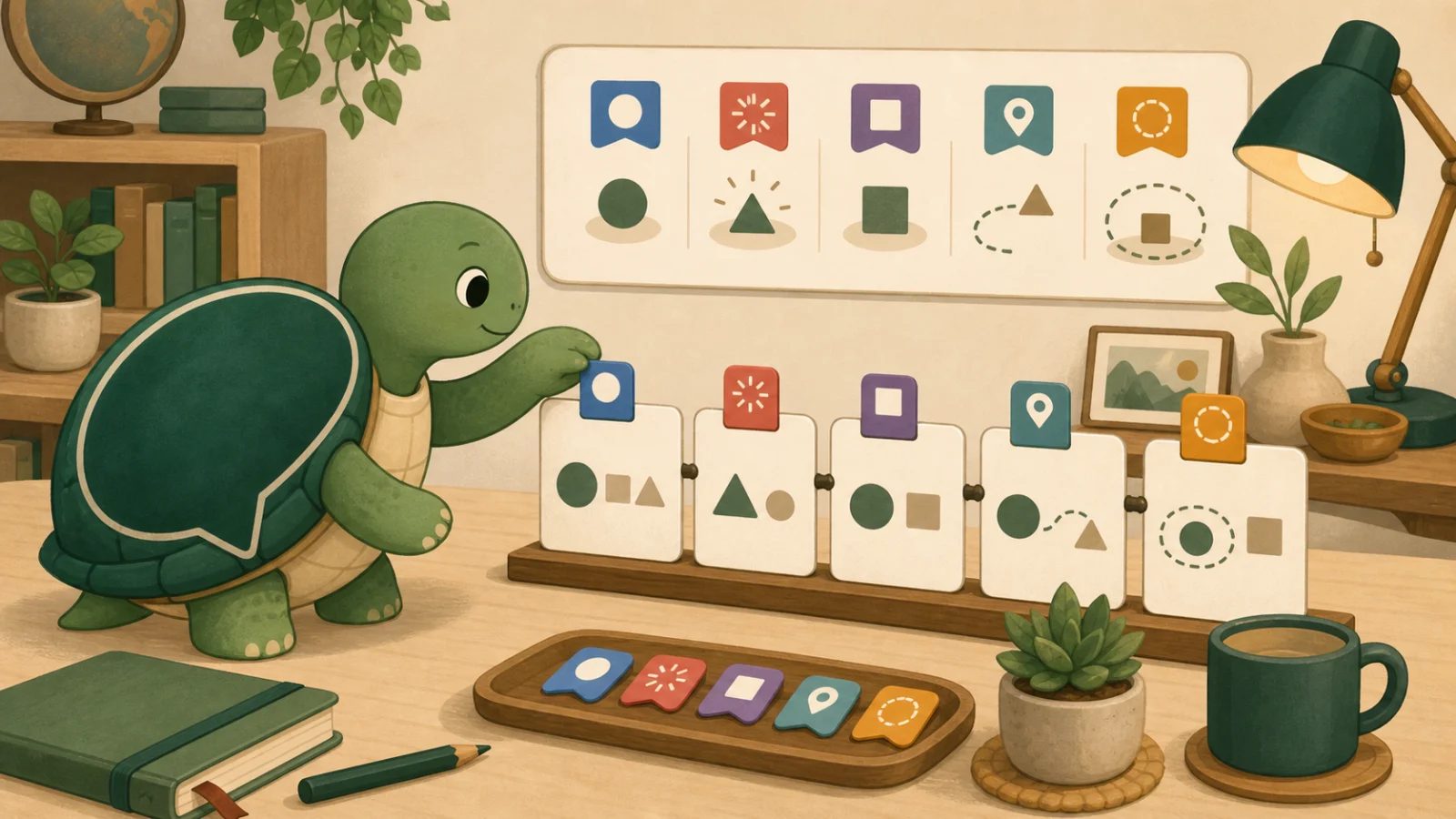 La mascota tortuga de TortoLingua colocando marcadores de función codificados por color en tarjetas abstractas de oraciones coreanas