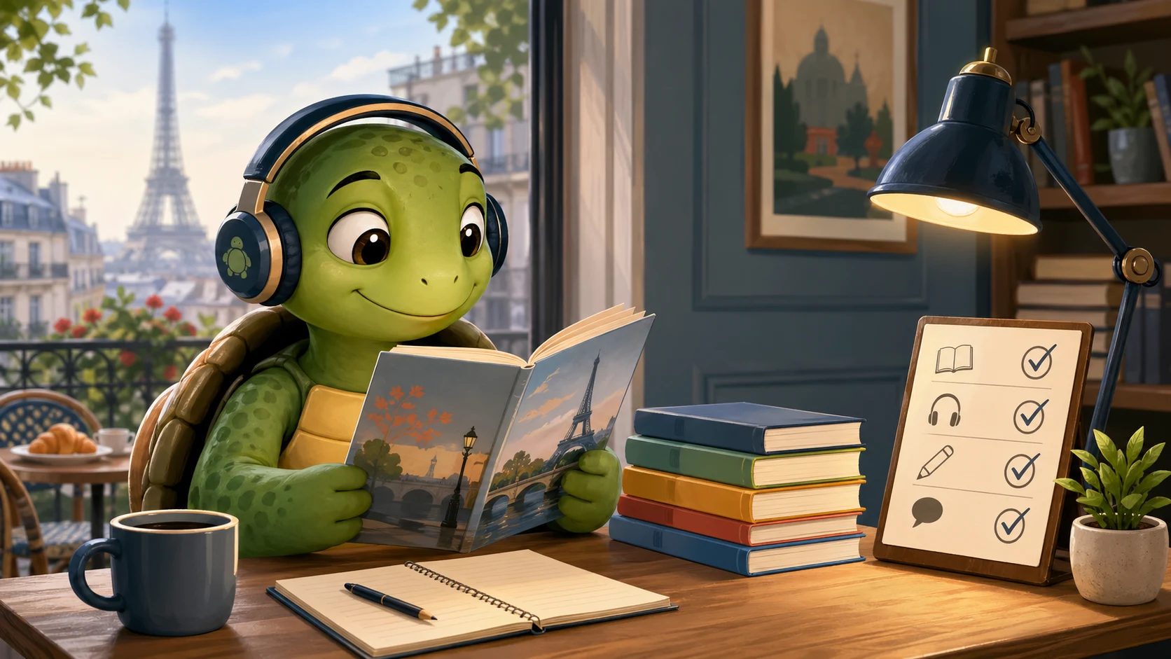 La tortue TortoLingua lit des textes débutants pour le français avec audio et plan de lecture hebdomadaire