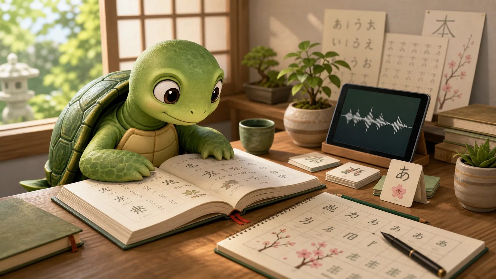 La tortue TortoLingua lit du japonais débutant avec des cartes de kana, de l’audio et du vocabulaire