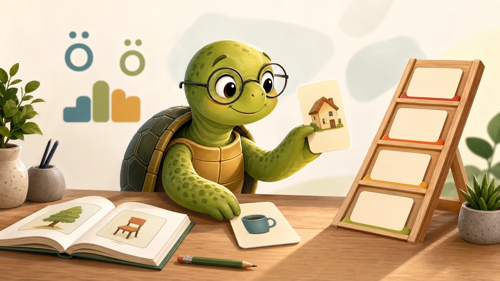 tortue TortoLingua choisissant des cartes simples de lecture allemande pour débutants polonais