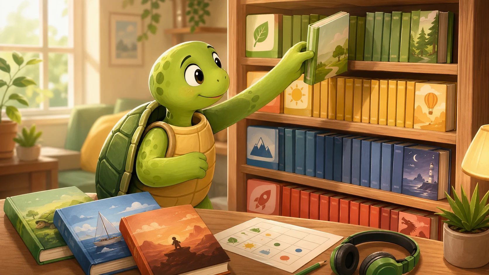 La tortue TortoLingua choisit des lectures graduées sur une étagère par niveau avec des indices audio et une fiche de lecture
