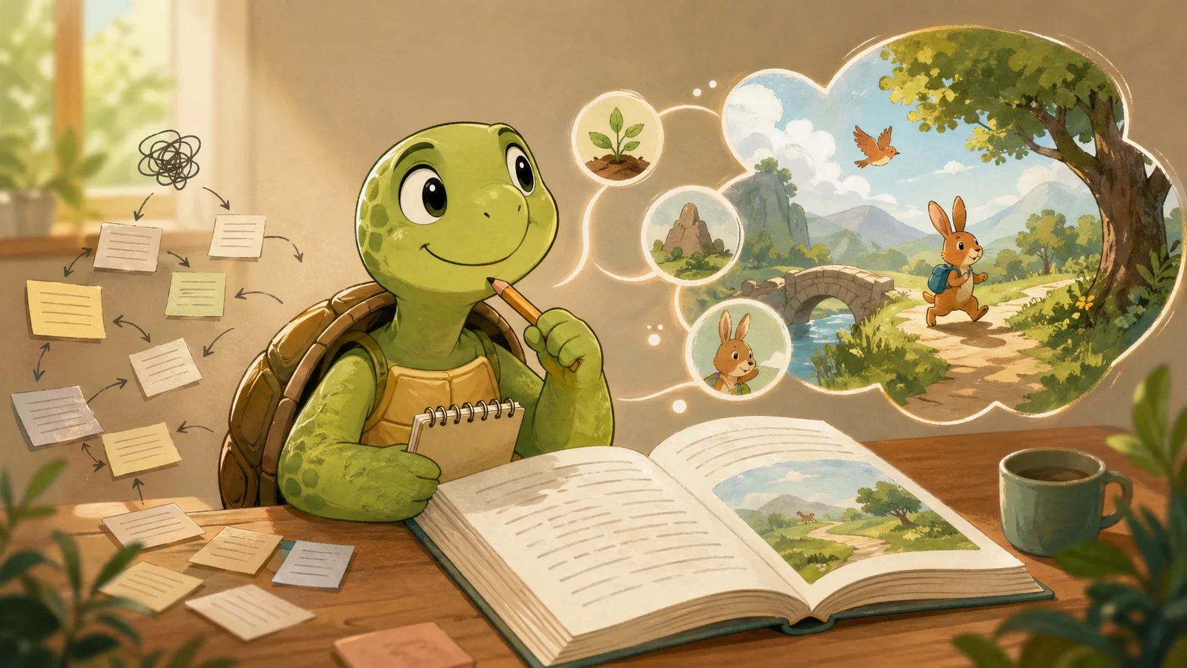 tortue TortoLingua passe de cartes de traduction mot à mot à une scène claire de lecture en anglais