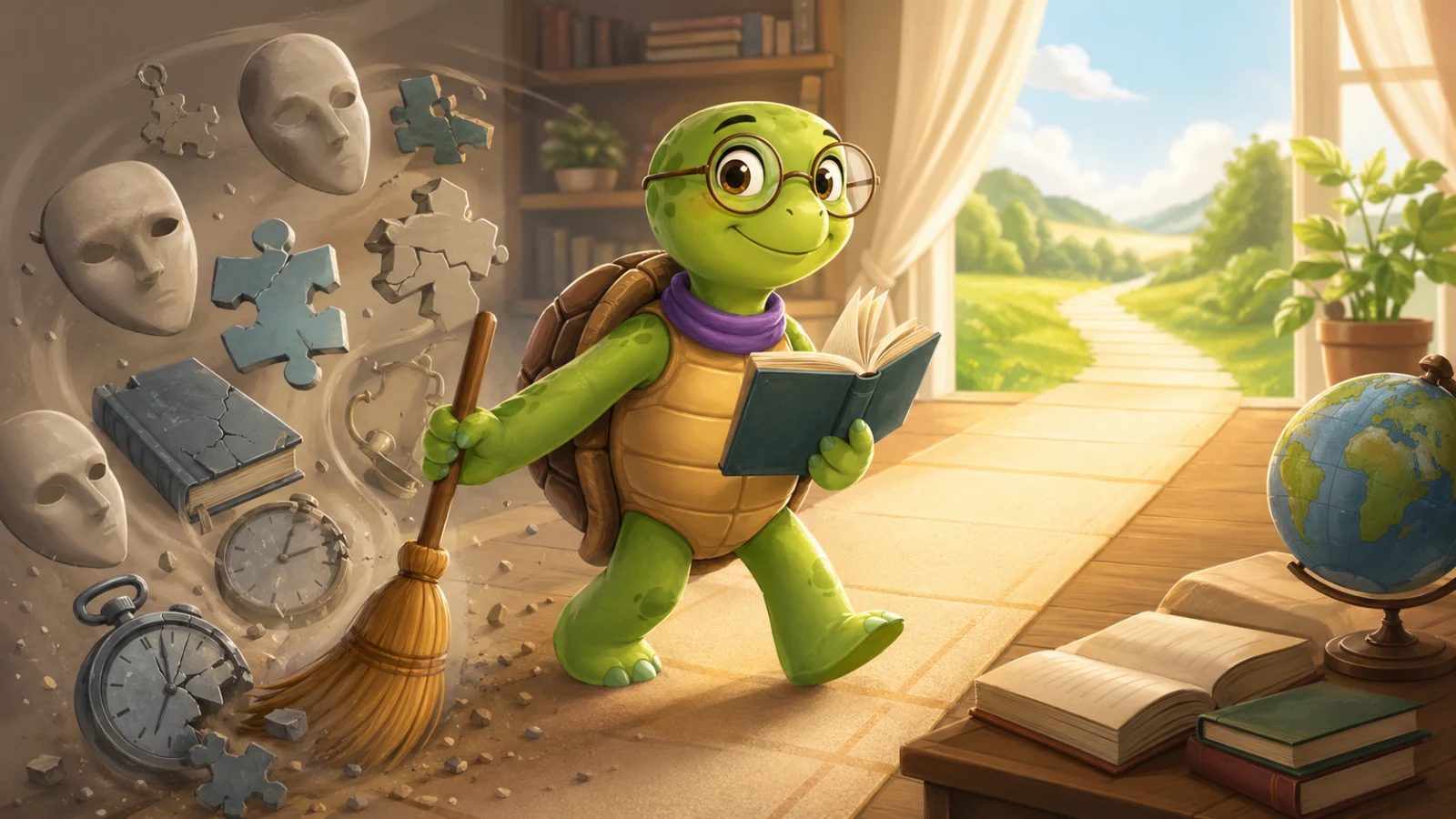 La tortue TortoLingua écarte des mythes sur l’apprentissage des langues avec un livre ouvert