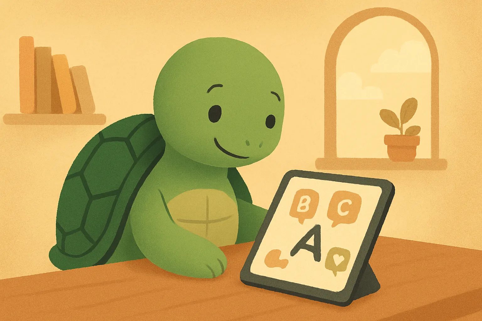 TortoLingua turtle(カメ)が登場する記事用イラスト:「2026年におすすめの子ども向け言語学習アプリ」という記事で、あたたかな物語風の学習シーンにいるTortoLinguaのカメを描いた編集イラスト。