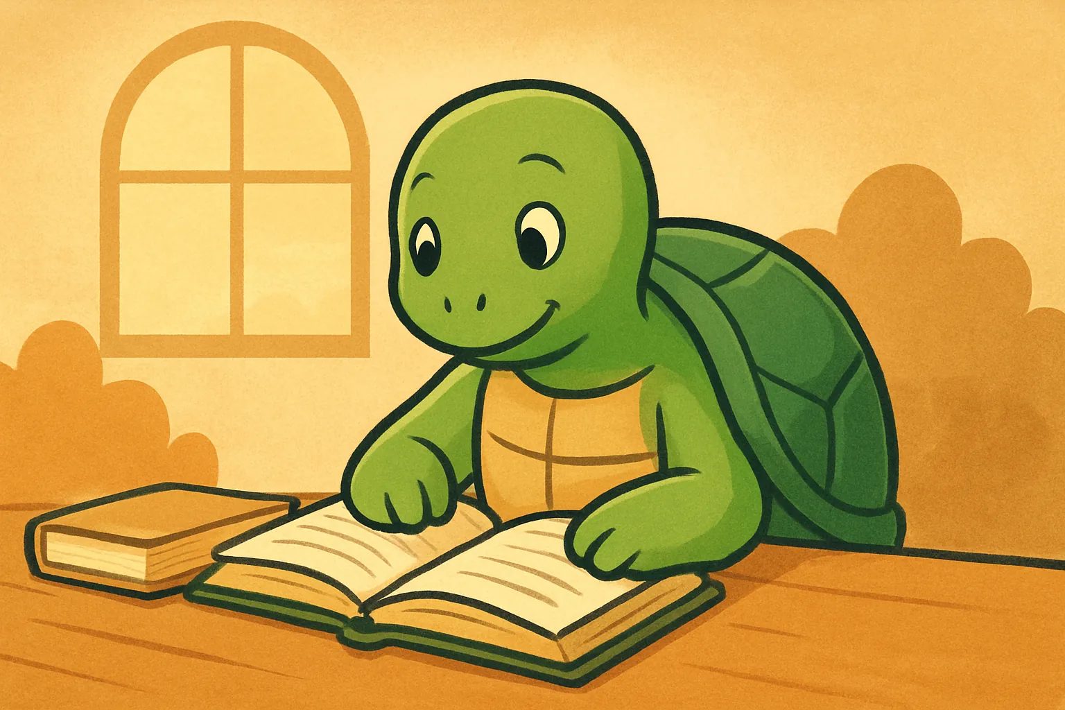 TortoLingua turtle（カメ）が登場する記事用イラスト：記事「バイリンガルな子どもを育てるメリット：研究が示すこと」のために、温かな絵本の学習シーンでTortoLinguaのカメが描かれた編集用イラスト。
