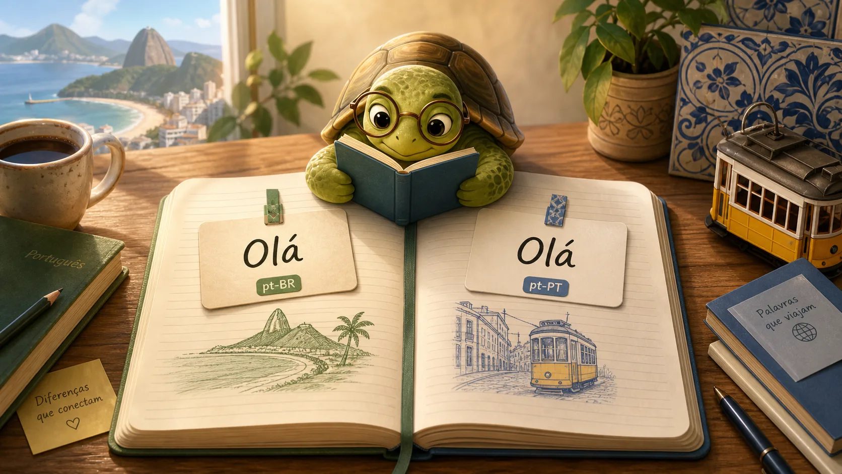 TortoLingua turtle(カメ)が登場する記事用イラスト:、ブラジル・ポルトガル語とヨーロッパ・ポルトガル語のリーディングカードを見比べている