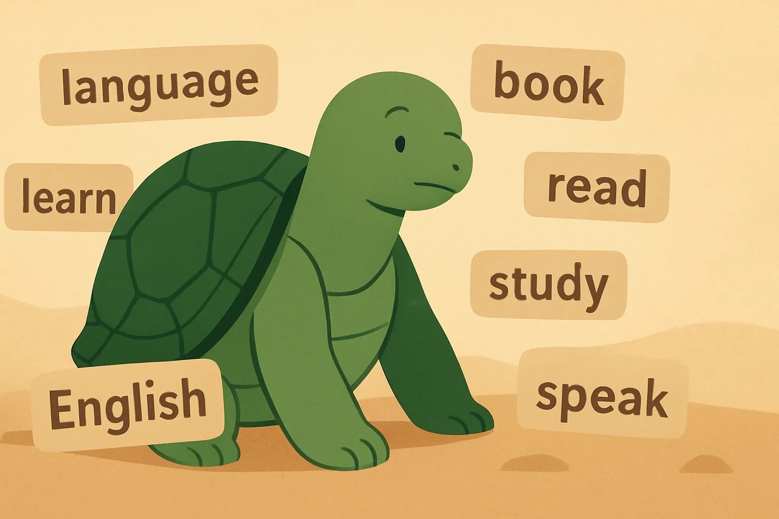 TortoLingua turtle（カメ）が登場する記事用イラスト：記事「わかるインプット vs 文法学習：どちらがより効果的？」で、TortoLinguaのカメが文脈から意味を見つけるような編集イラスト。