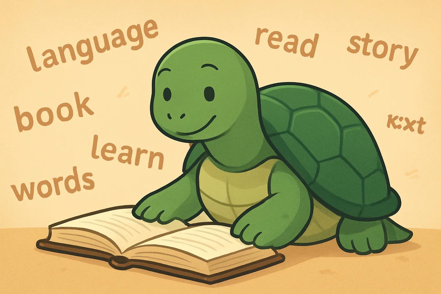 TortoLingua turtle(カメ)が登場する記事用イラスト:多読のために、TortoLinguaのカメがやさしくて面白い文章を選んでいる編集イラスト。