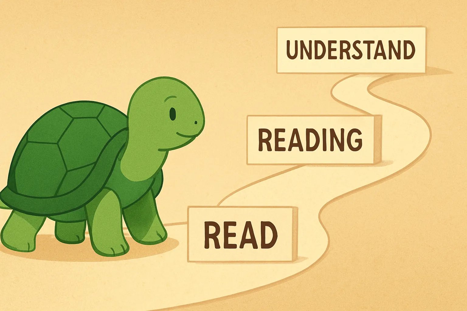 TortoLingua turtle（カメ）が登場する記事用イラスト：B1を目指して道のり上に読書量を計画するTortoLinguaのカメの編集イラスト。