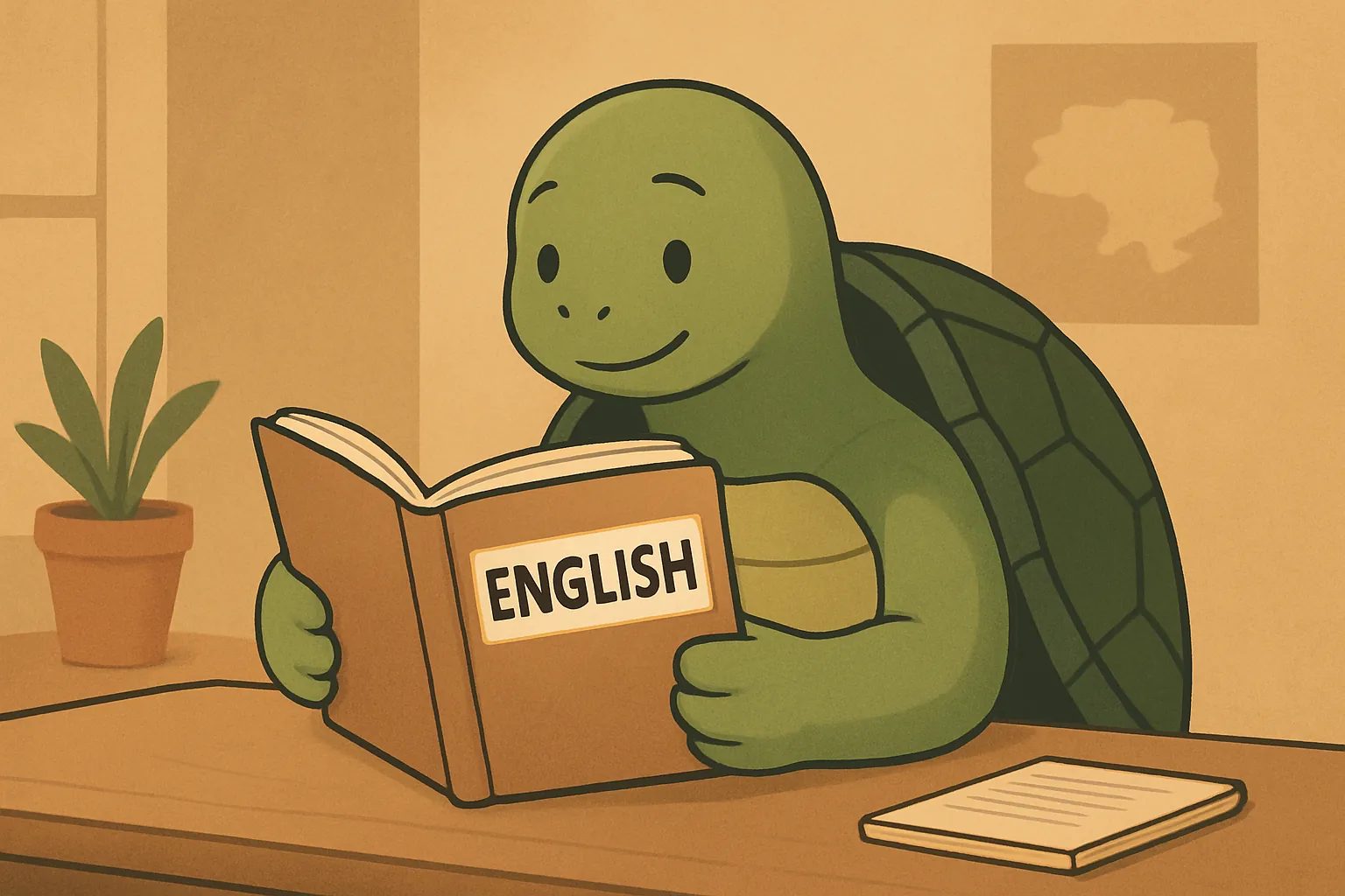 TortoLingua turtle（カメ）が登場する記事用イラスト：記事「英語を一人で学ぶ方法：完全な自習ガイド」に向けた、現実の言語学習の読書シーンでカメのTortoLinguaが登場する編集用イラスト。