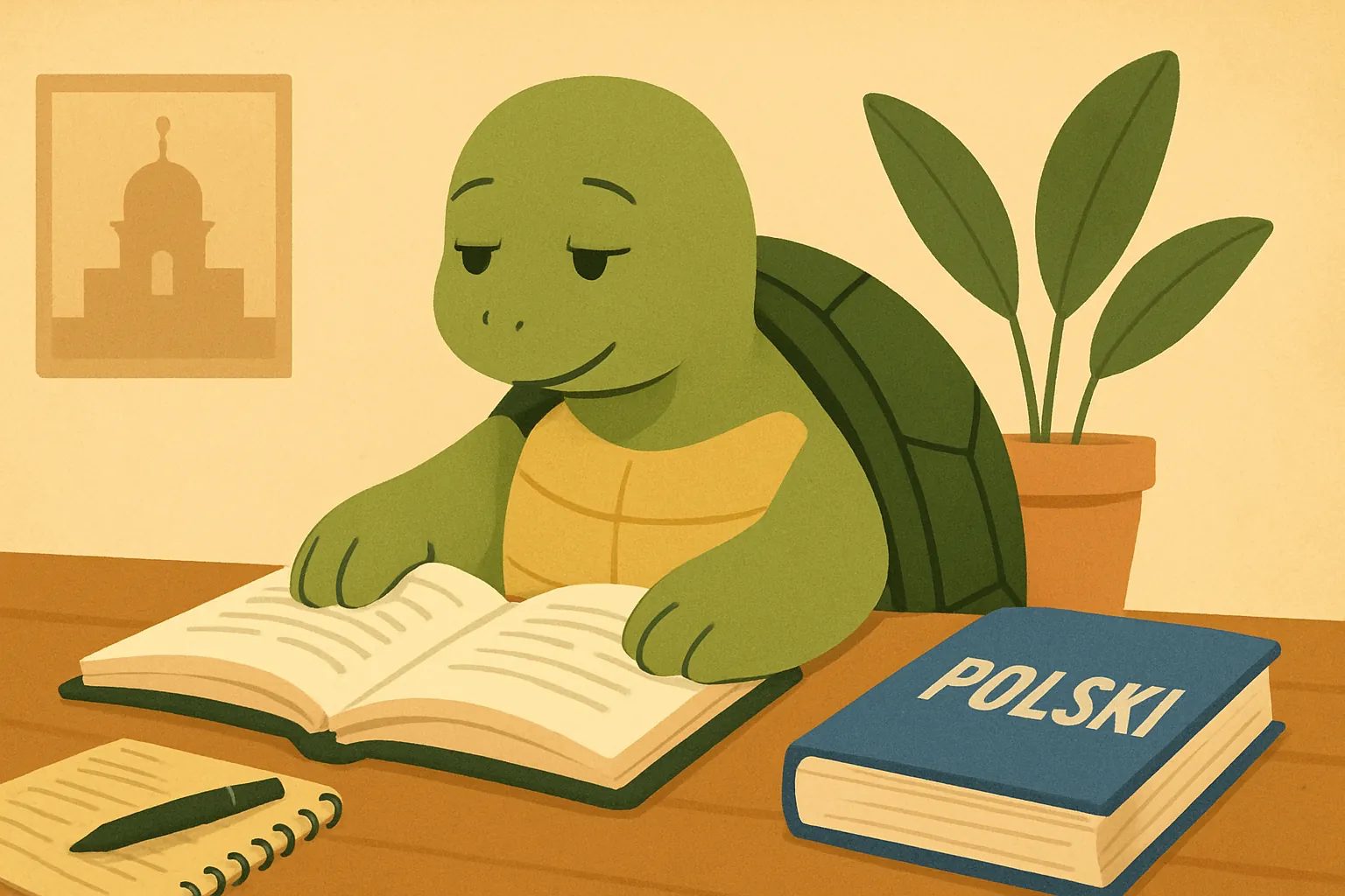 TortoLingua turtle(カメ)が登場する記事用イラスト:記事「How to Learn Polish: A Guide for Ukrainian Speakers」のための、現実の言語学習読解シーンで亀のTortoLinguaが登場する編集用イラスト。