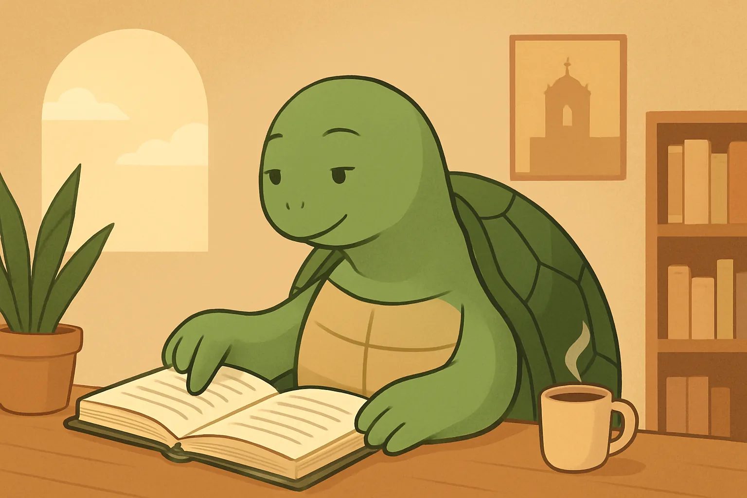 TortoLingua turtle(カメ)が登場する記事用イラスト:記事「初心者からポルトガル語を学ぶ方法:完全ガイド」のための、現実の語学学習読書シーンで亀のTortoLinguaが描かれた編集用イラスト。