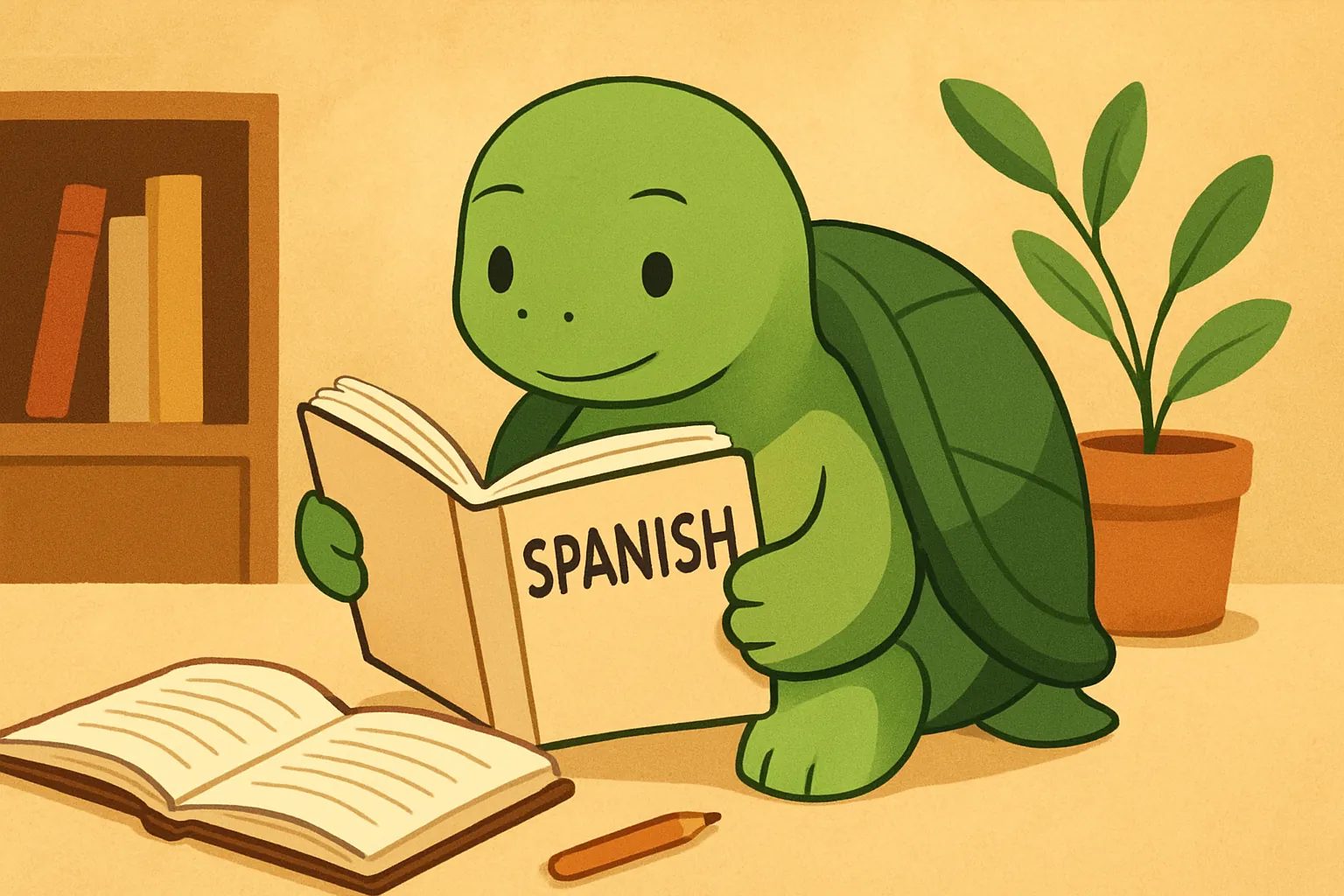 TortoLingua turtle(カメ)が登場する記事用イラスト:記事「英語話者のためのスペイン語入門:ステップバイステップの学び方」のための、現実の語学学習の読書シーンで本を読むTortoLinguaのカメの編集イラスト。