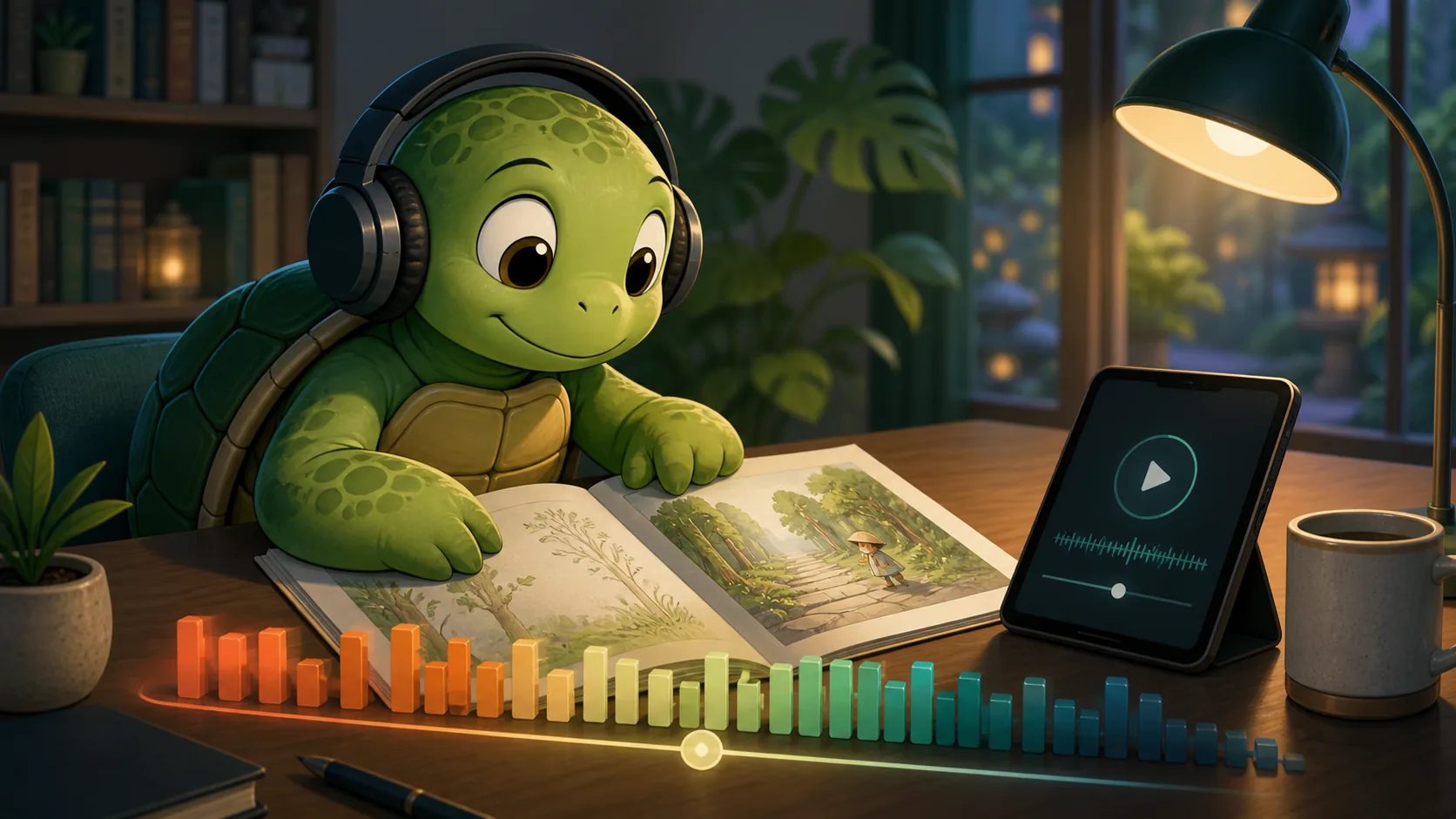 TortoLingua turtle（カメ）が、音声を聞きながら短い日本語テキストを読んでいる記事用イラスト