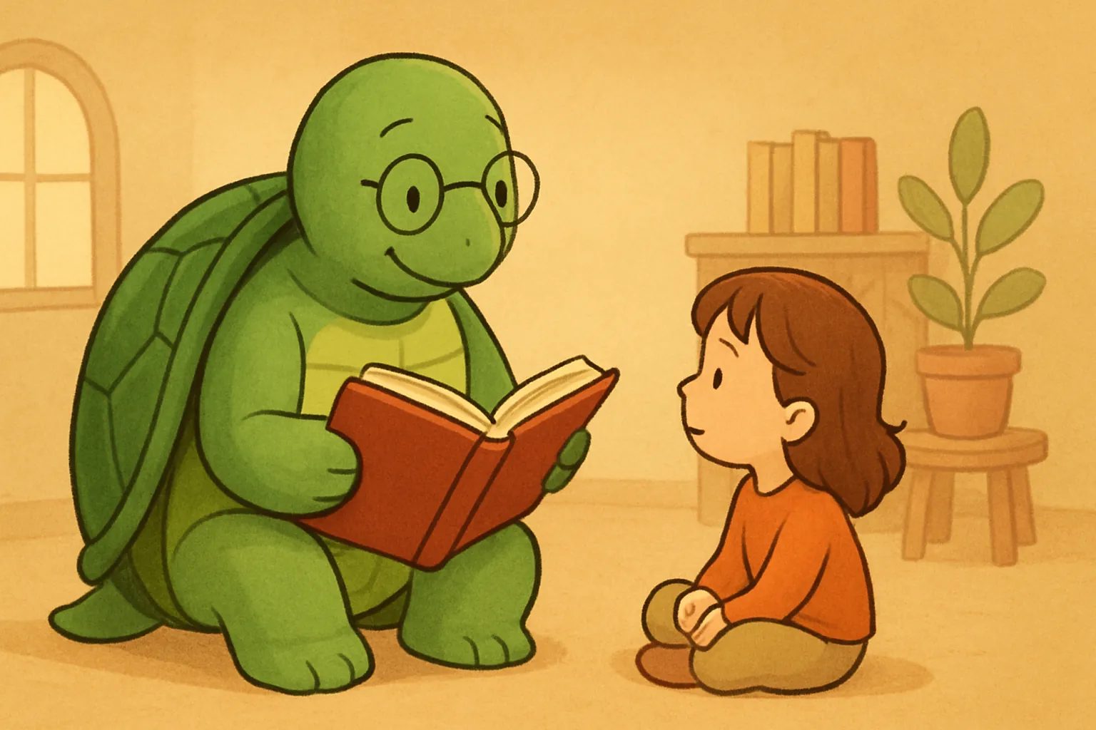 TortoLingua turtle(カメ)が登場する記事用イラスト:記事「物語で子どもは言語を学ぶ:親のためのガイド」のために、暖かい読み聞かせの場面でタートルのTortoLinguaが物語を学んでいる様子を描いた編集用のイラスト。